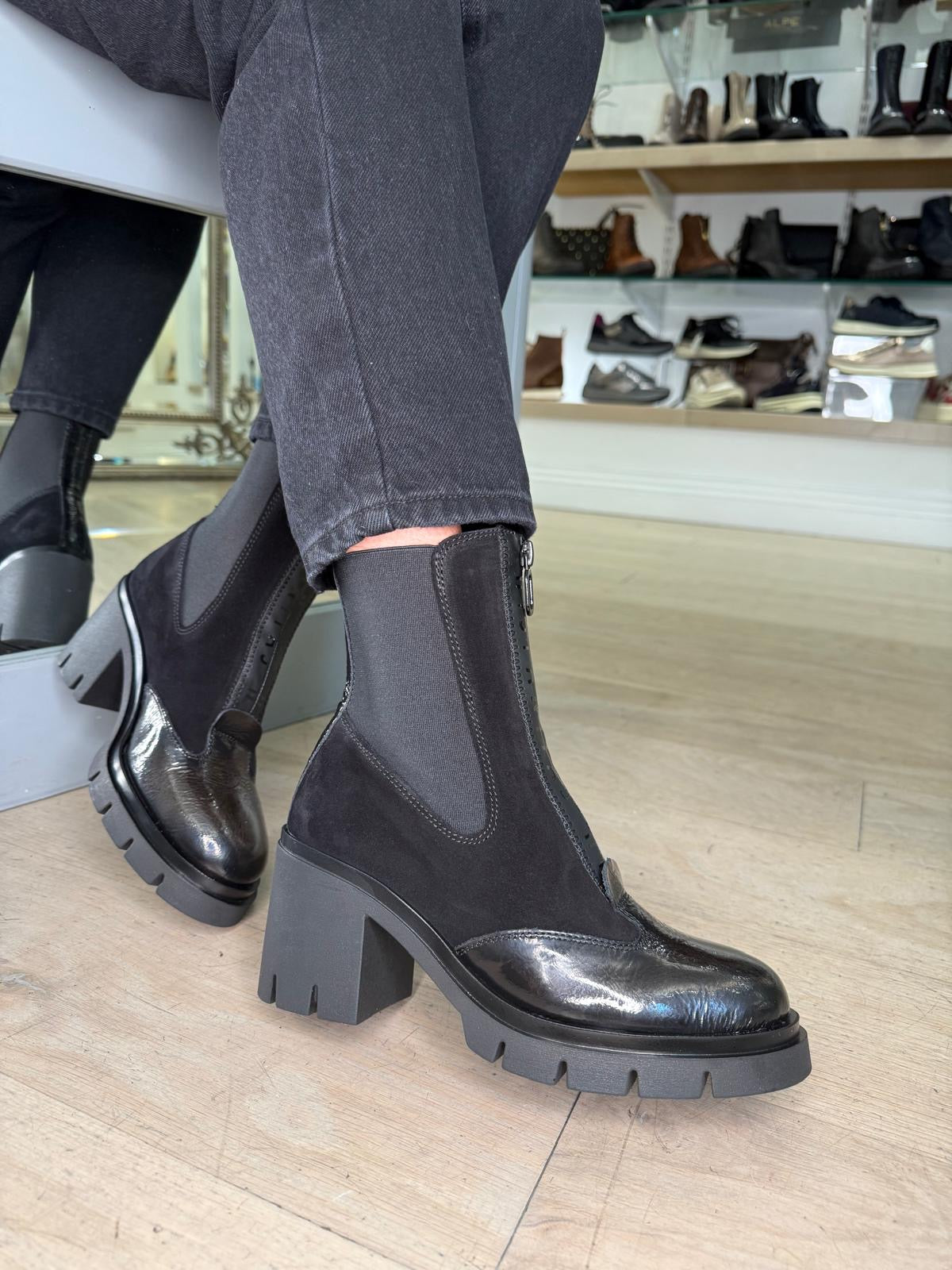 Hispanitas - Black Suede & Leather Block Heel Boot With Platform Sole