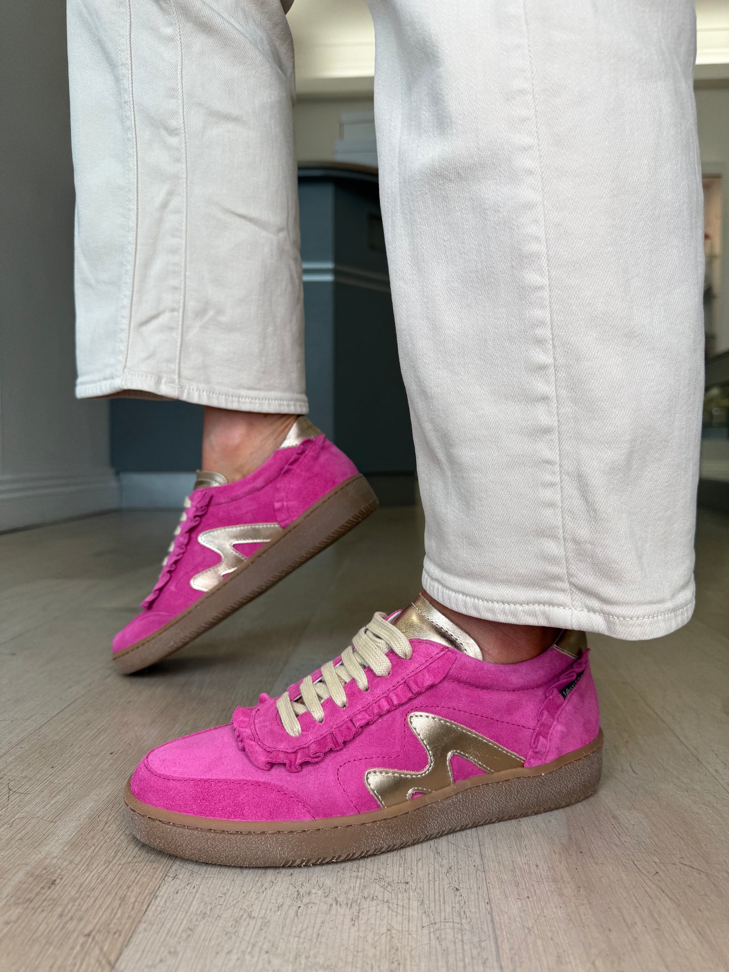 Marco Moreo - Hot Pink Suede Trainer With Soft Bronze Metallic Trim