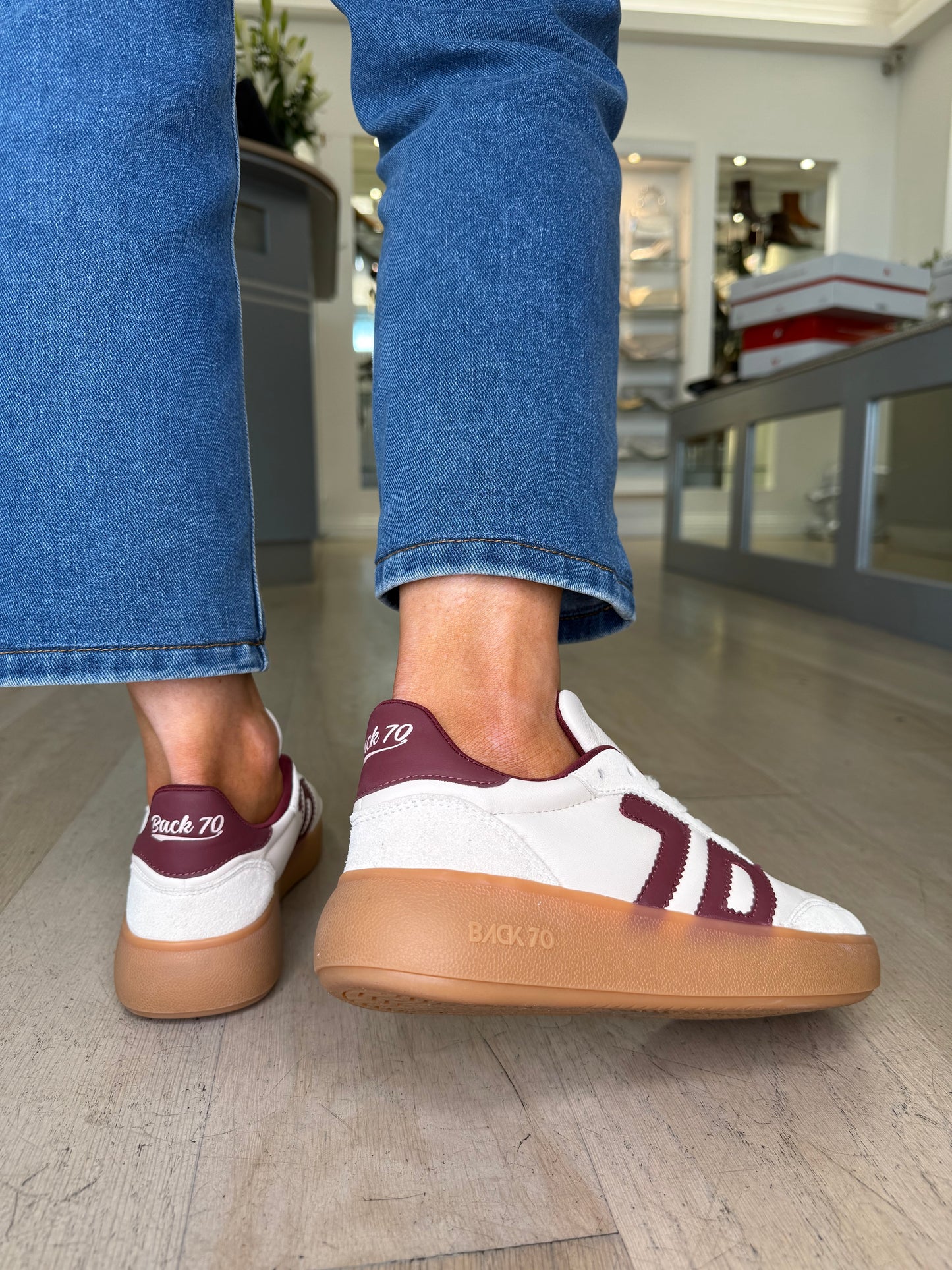 Back 70 - Cream Leather & Suede Mix Trainer With Wine Trim