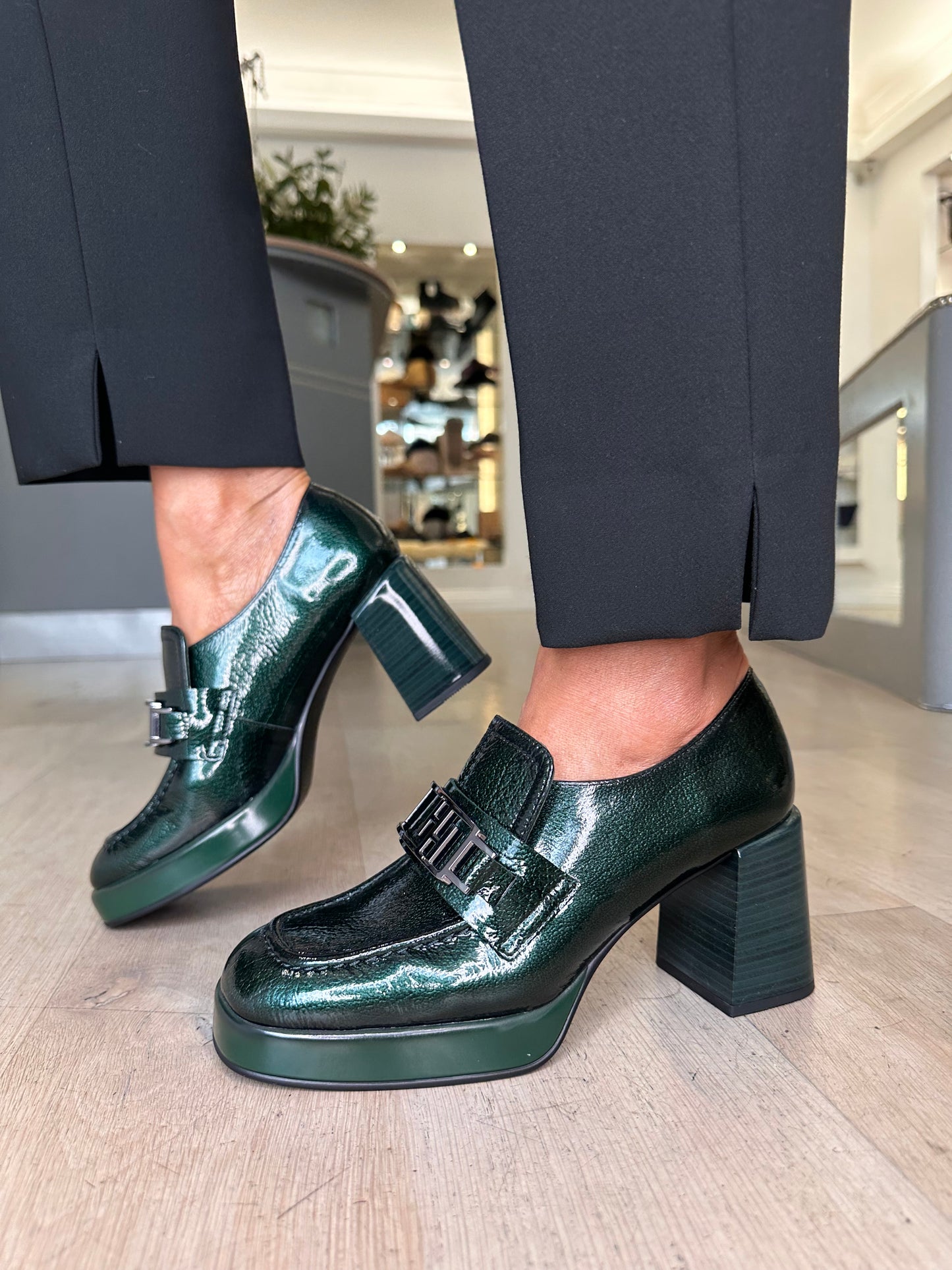 Hispanitas - Forest Green Flexy Patent Shoe With Block Heel & Platform Sole