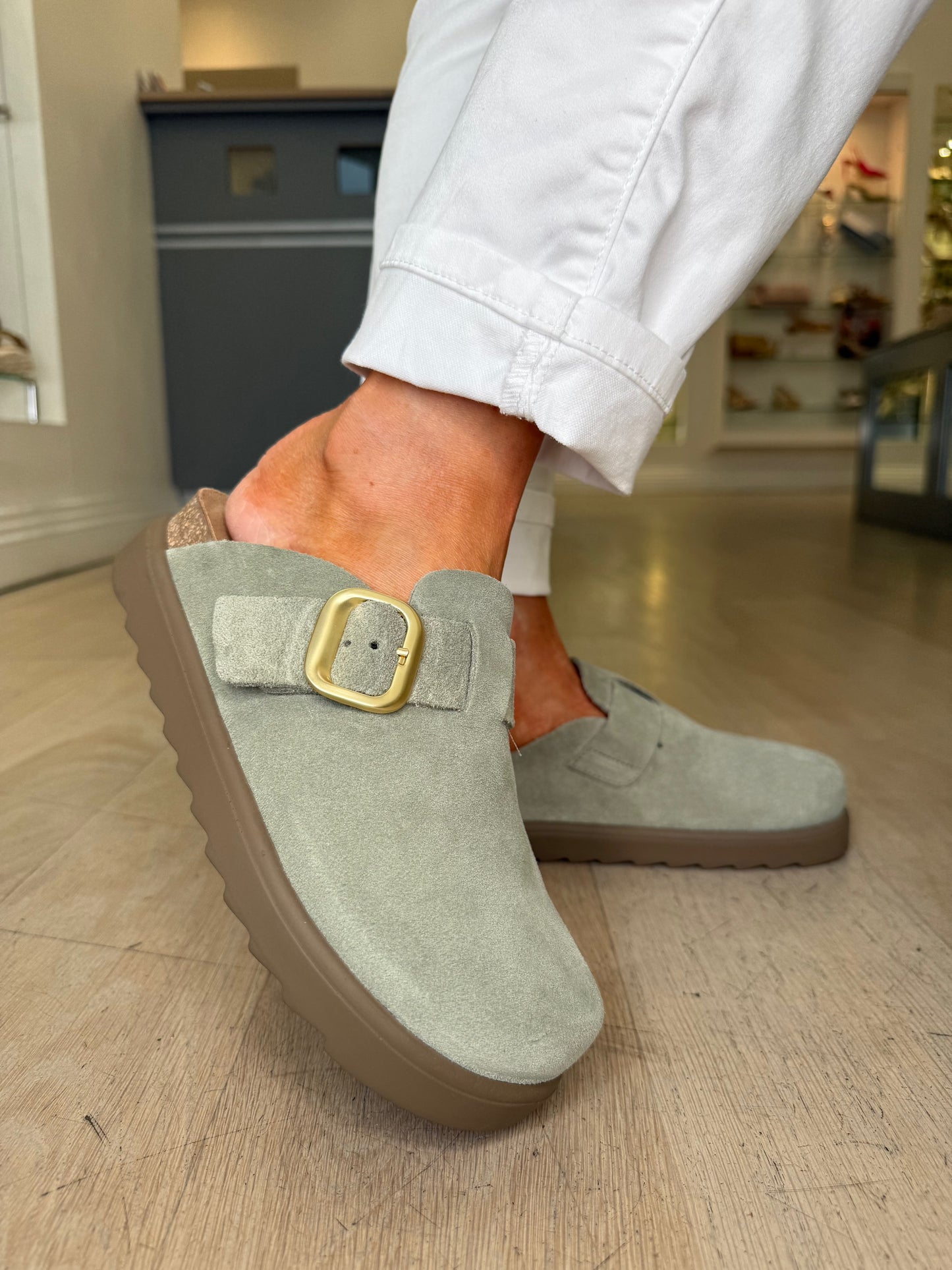 Yokono - Soft Green Suede Mule Clog With Matt Gold Buckle Trim
