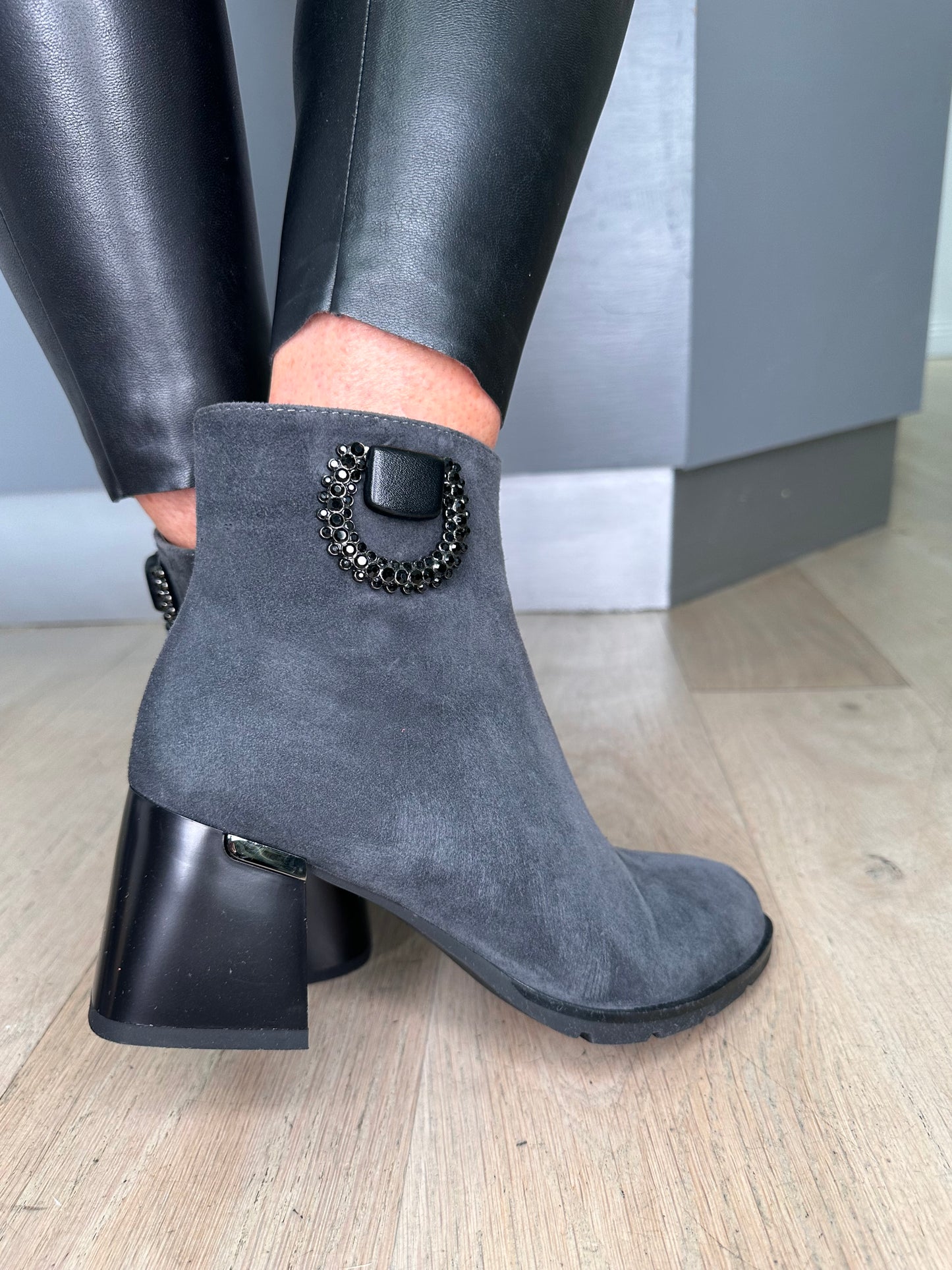 Loretta Vitale -Grey Suede Boot With Black Block Heel Boot