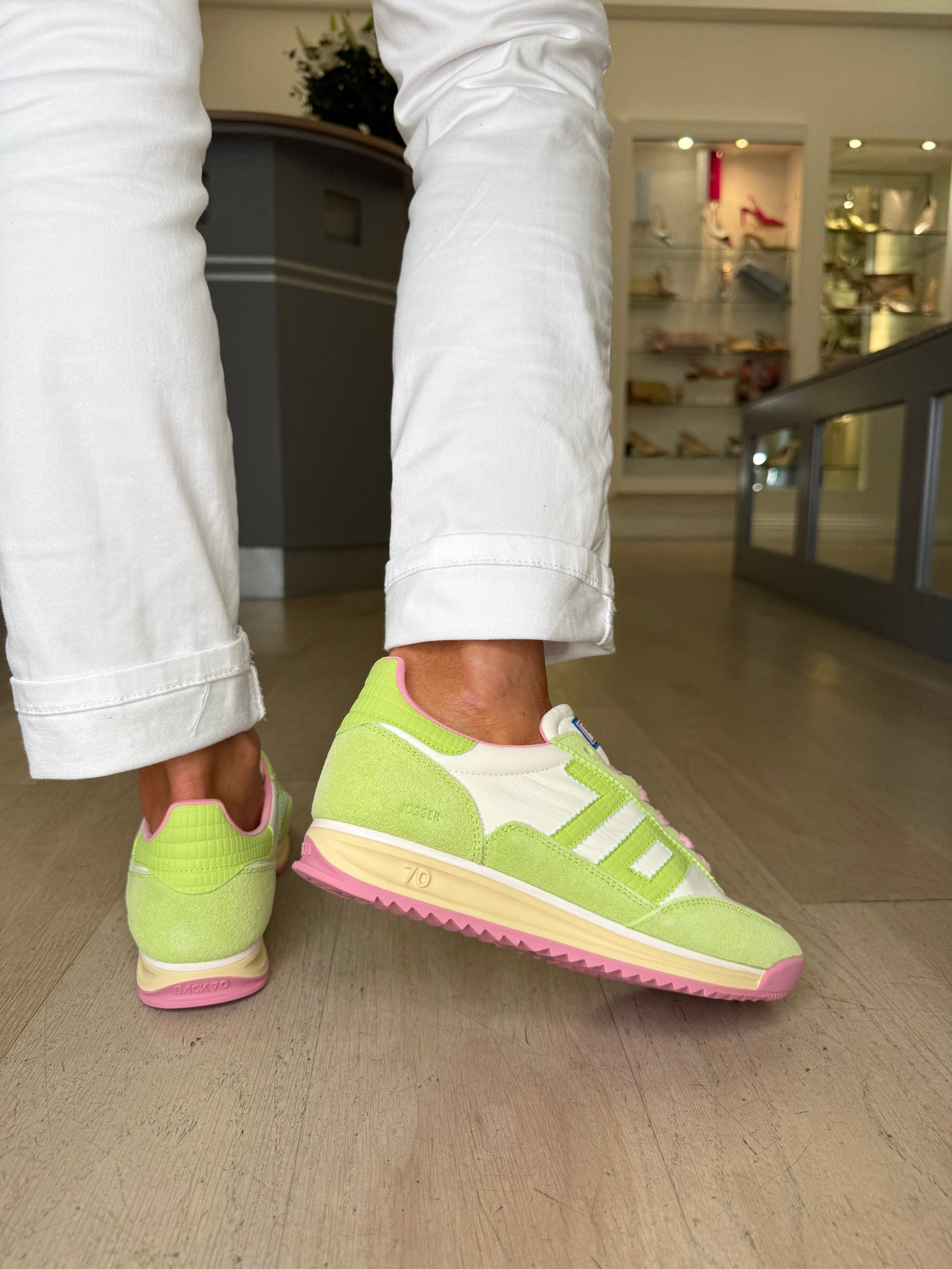 Back 70 - Lime Green Suede & White Leather Trainer With Soft Pink Trim