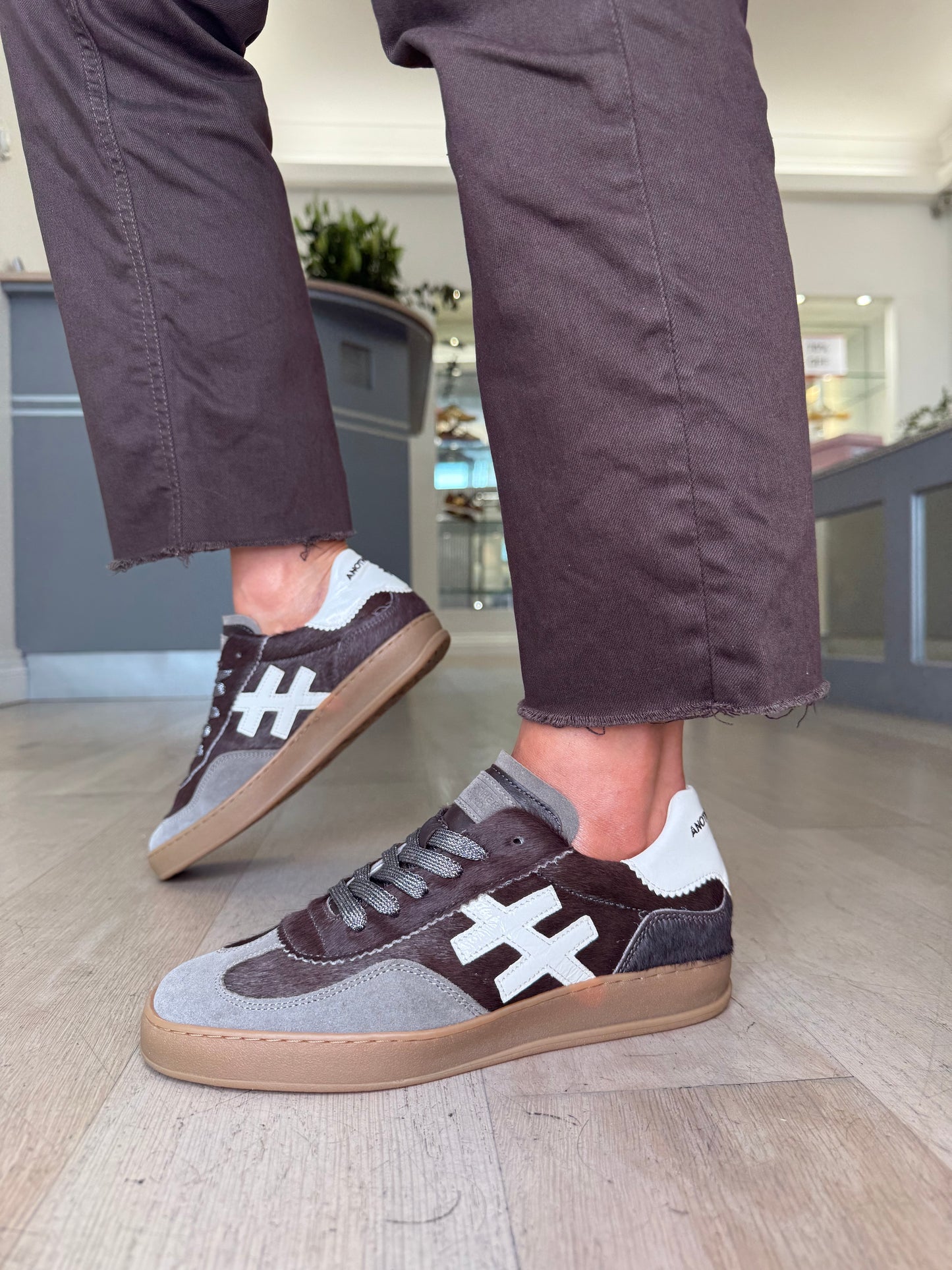 Another Trend -Chocolate Brown Pony Skin Mink Suede Mix Trainer With White Patent Trim