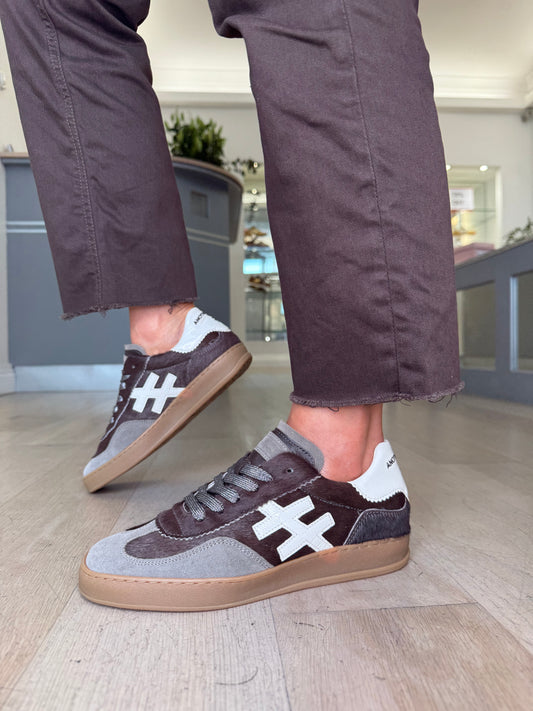 Another Trend -Chocolate Brown Pony Skin Mink Suede Mix Trainer With White Patent Trim