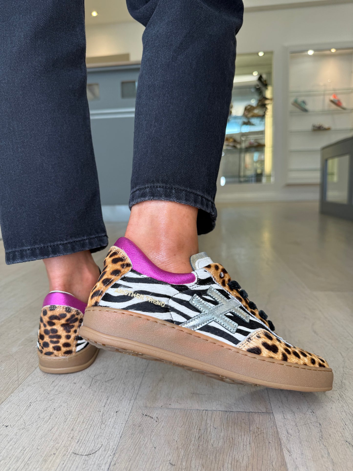 Another Trend -Multi Mix Animal Print Trainer With Hot Pink Trim
