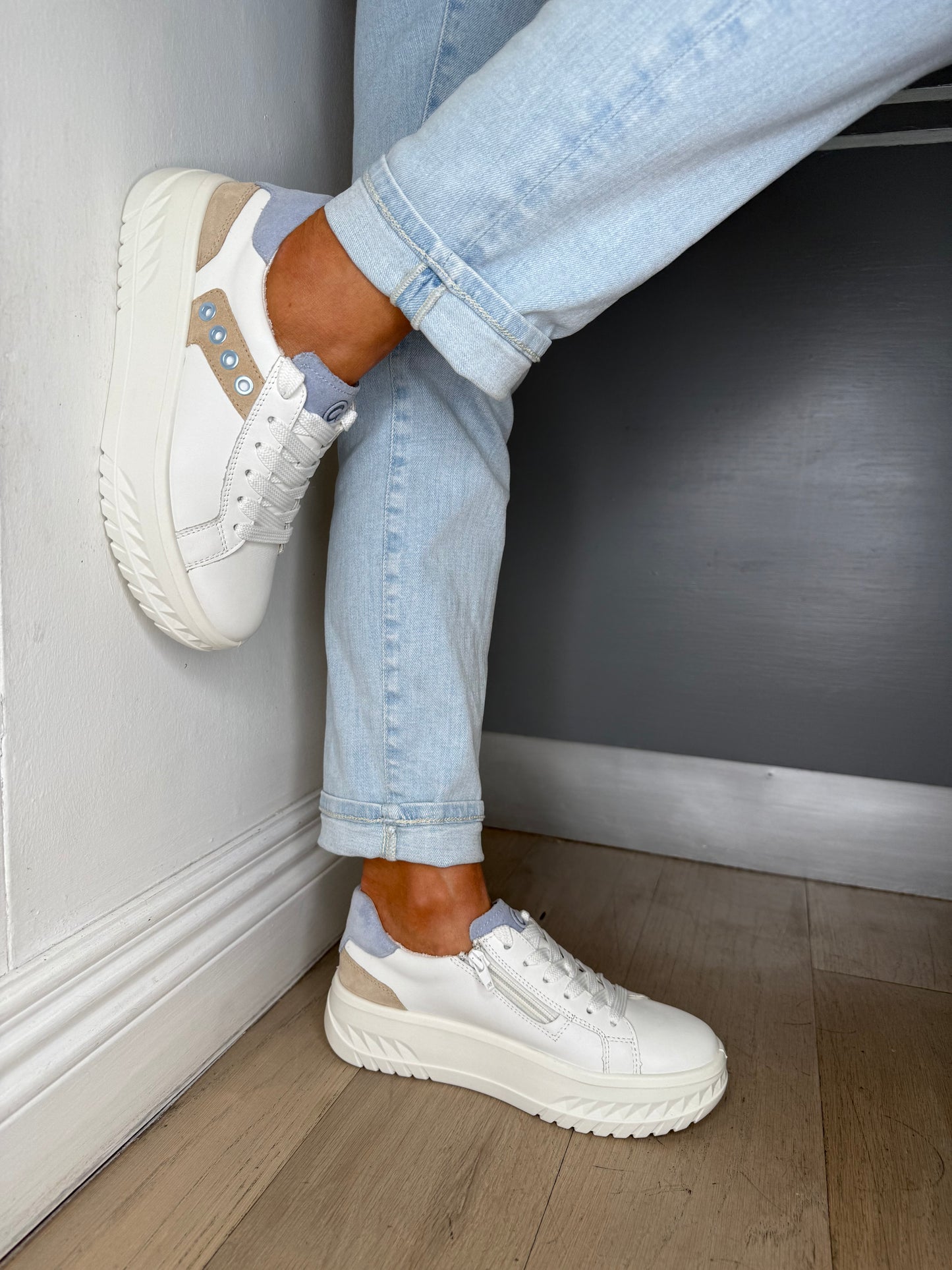 Ara - White Flatform Side Zip Trainer With Sky Blue & Beige Suede Trim