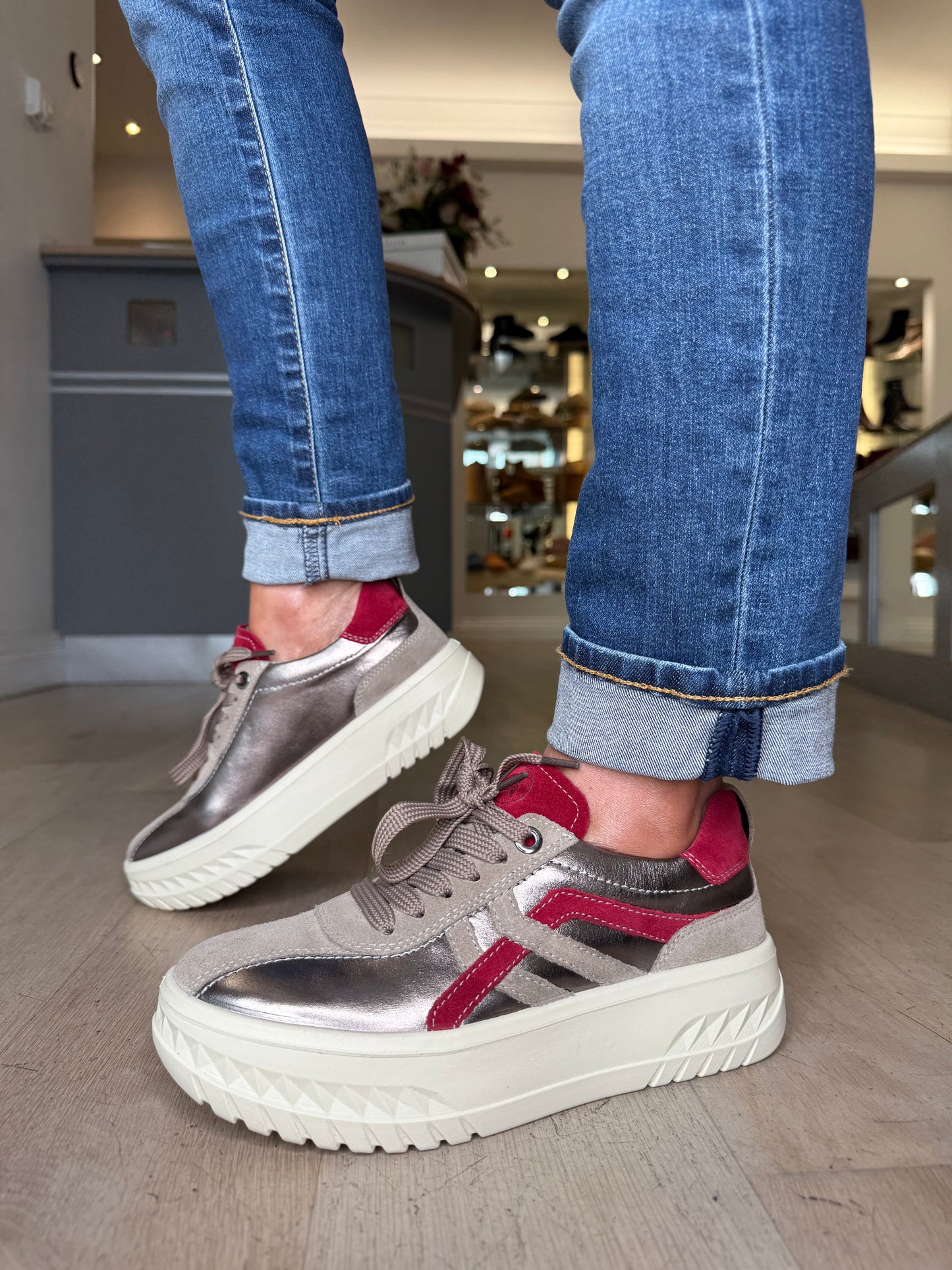 Ara - Soft Metallic Bronze/ Taupe & Red Suede Flatform Trainer