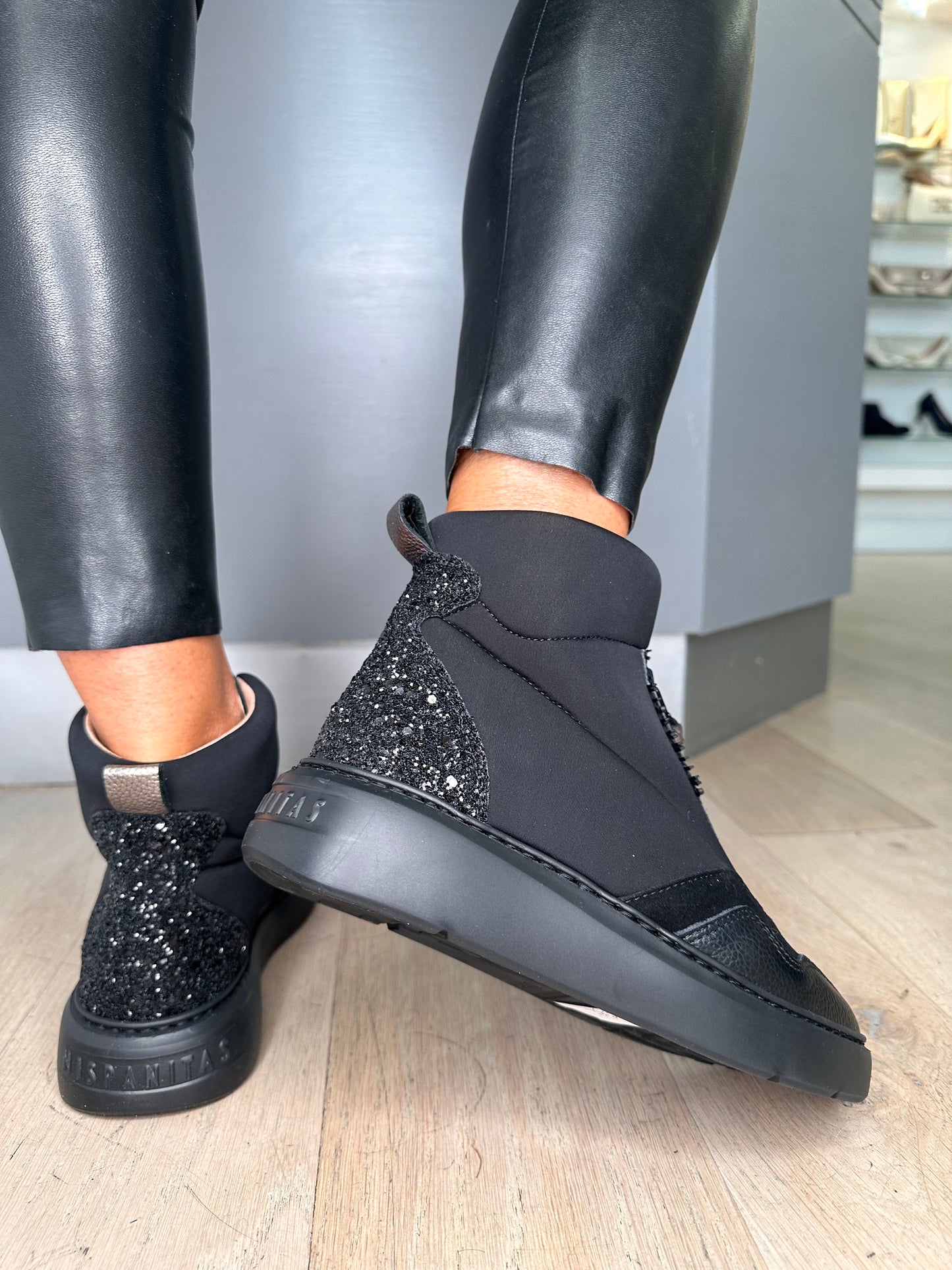 Hispanitas - Black Fabric/Suede Glitter Trim Sporty Boot