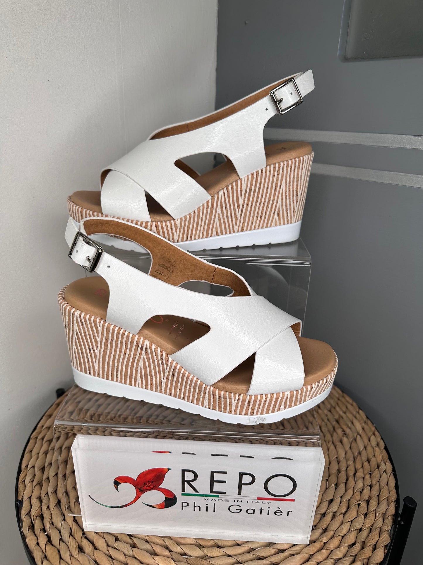 Repo - White Strappy Mid Heel Wedge