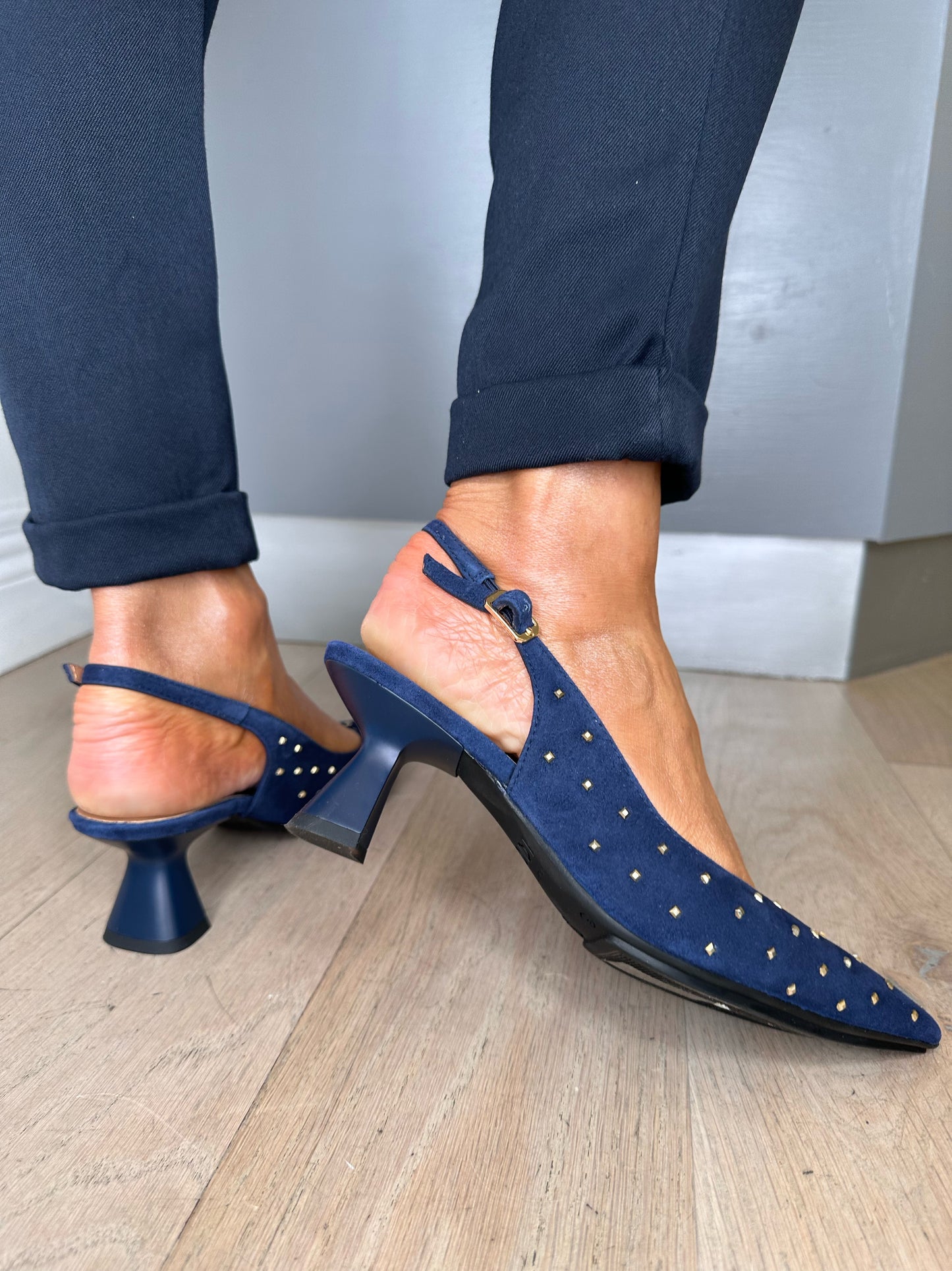 Lodi (Love) - Navy Suede Pointy Toe Sling Back Kitten Heel With Gold Studded Trim