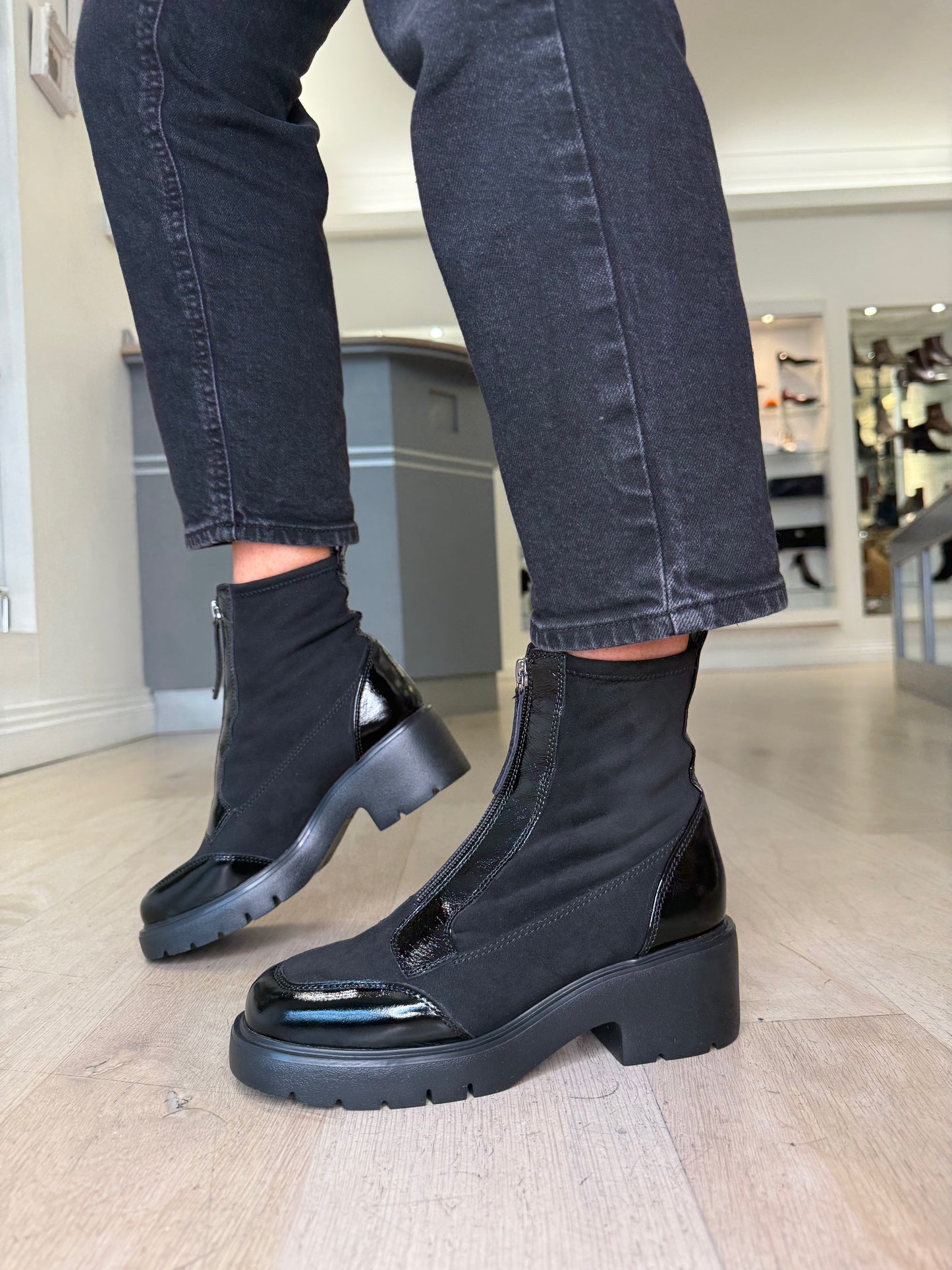 Unisa -Black Patent & Stretch Suede Mix Zip Up Boot