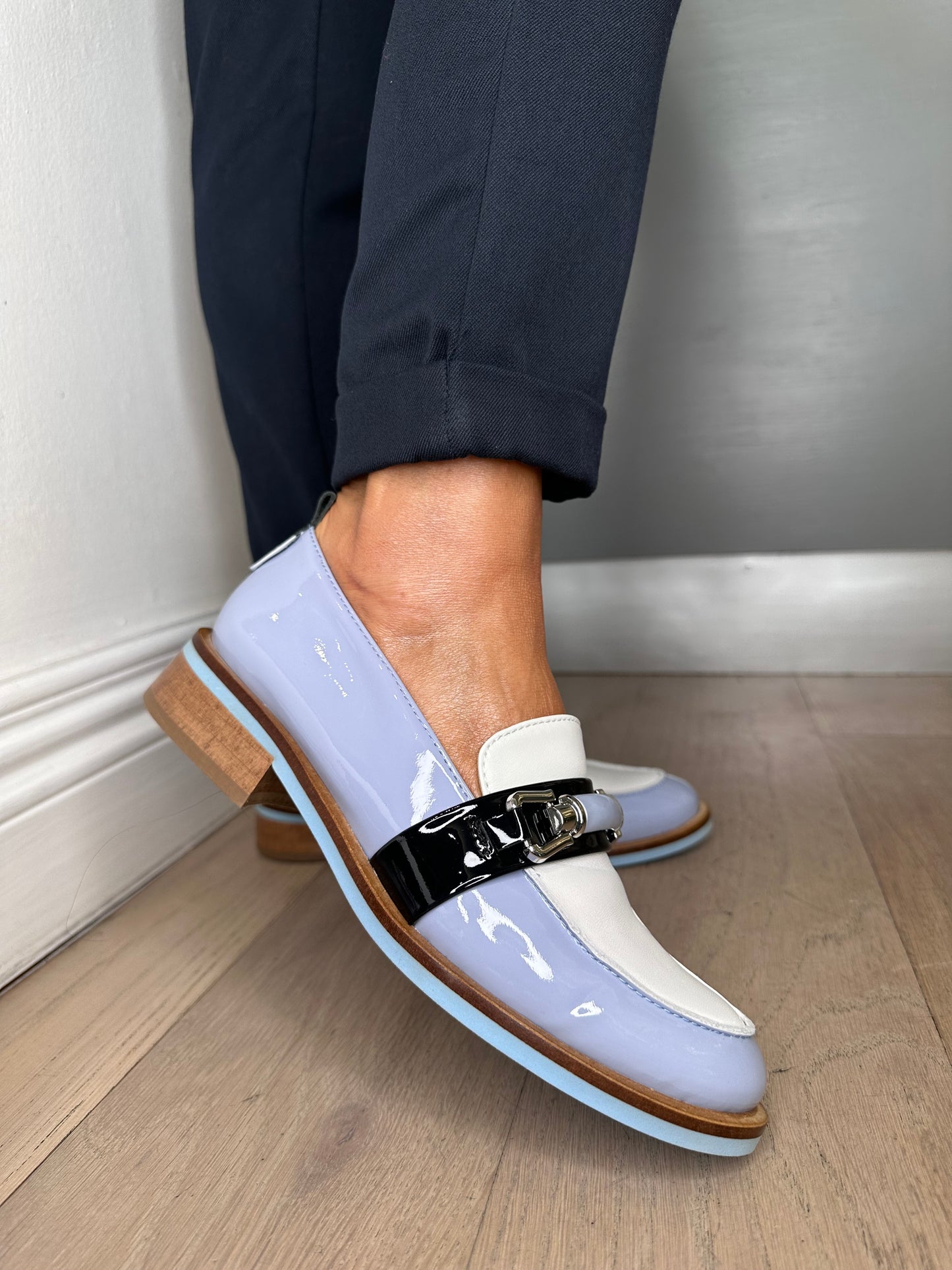 Marco Moreo - Pale Blue Patent Loafer With Dark Navy/White Patent Trim