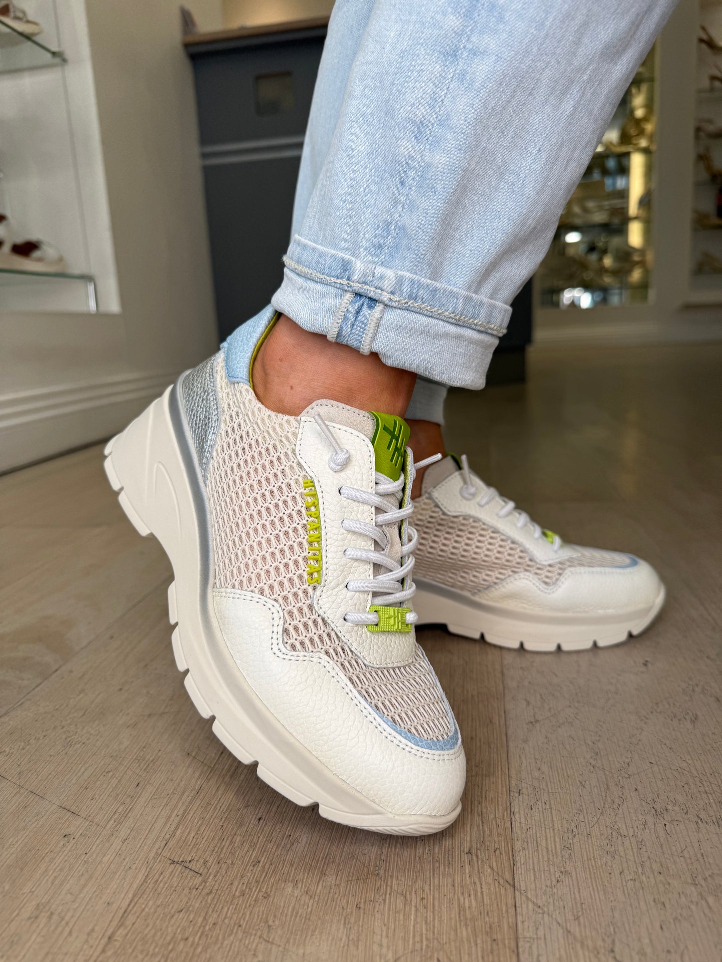Hispanitas - White Leather Trainer With Lime, Silver & Blue Mix Trim