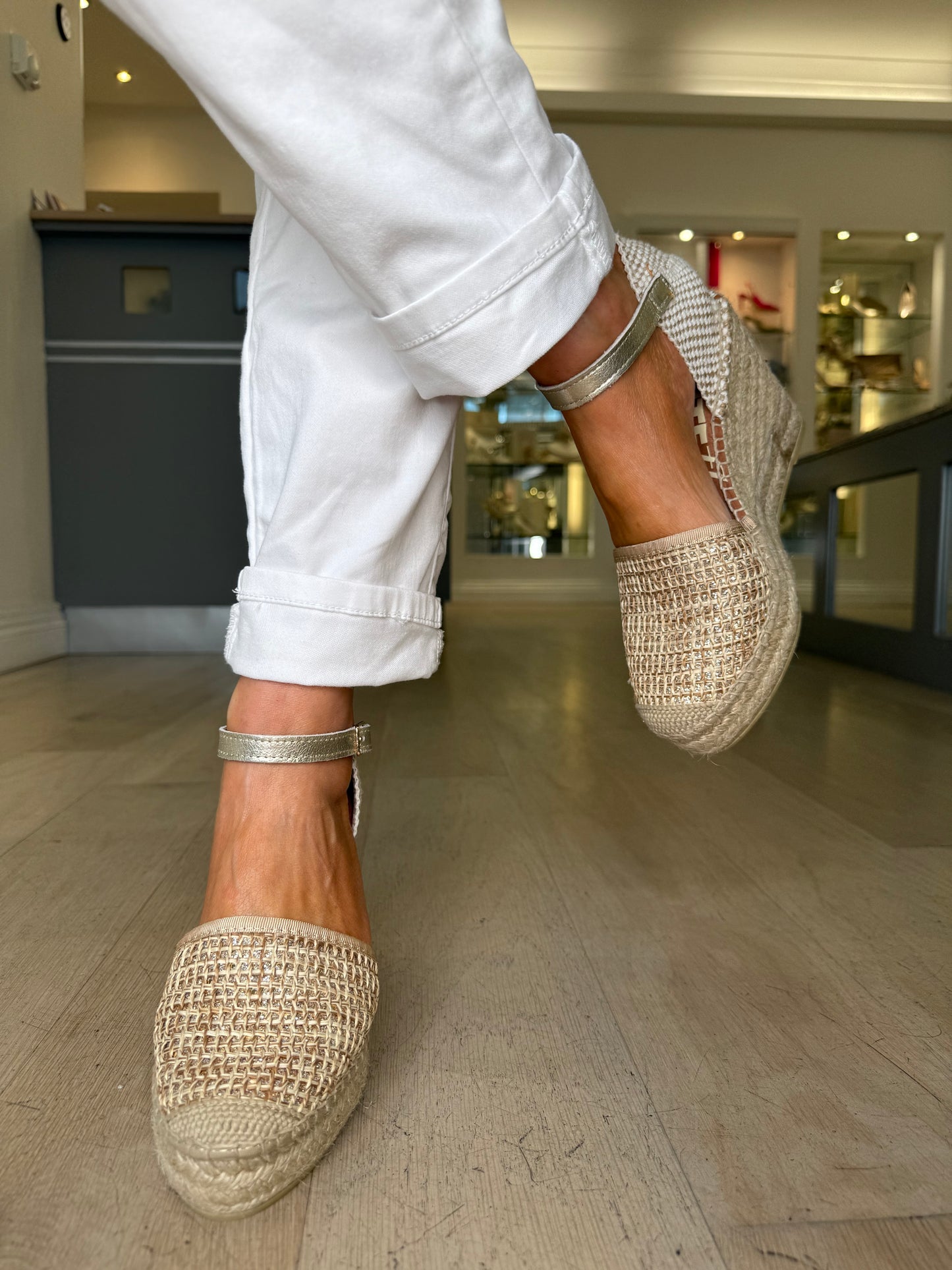 Viguera - Gold Mix Espadrille Closed Toe High Wedge