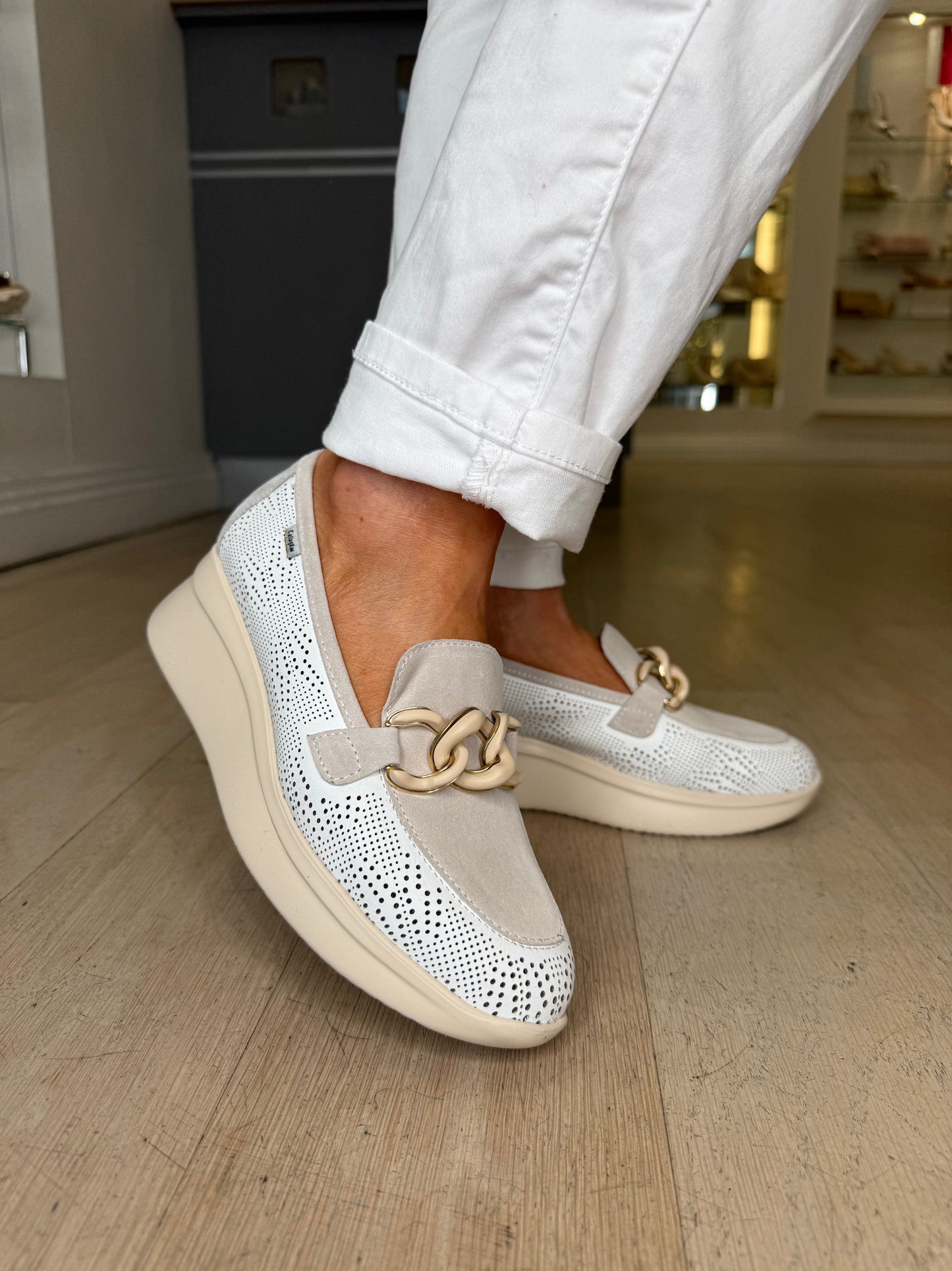 Callaghan -White Leather & Taupe Suede Slip On Wedge Shoe