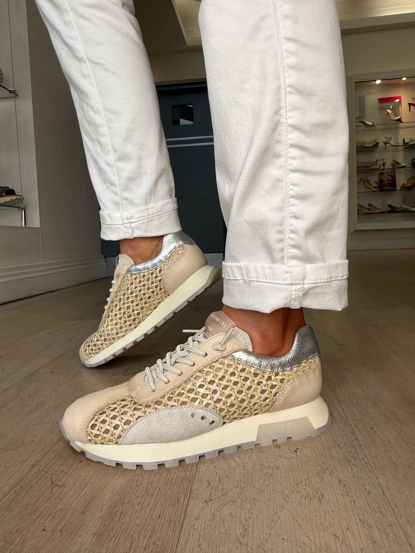 Hispanitas - Cream Weave/ Leather Mix Pull On Trainer With Silver Trim