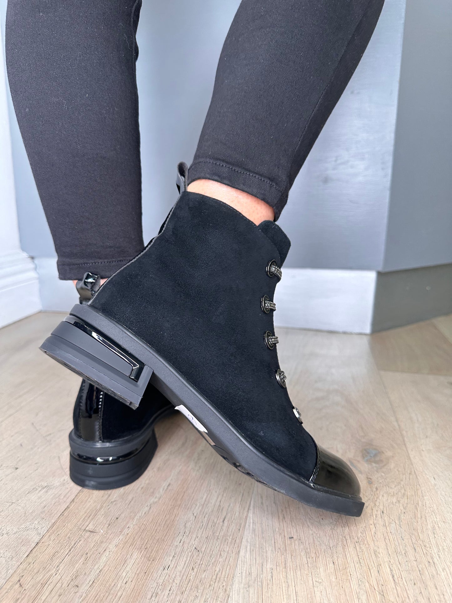 Loretta Vitale - Black Suede & Patent Toe Mix Chelsea Style Boot