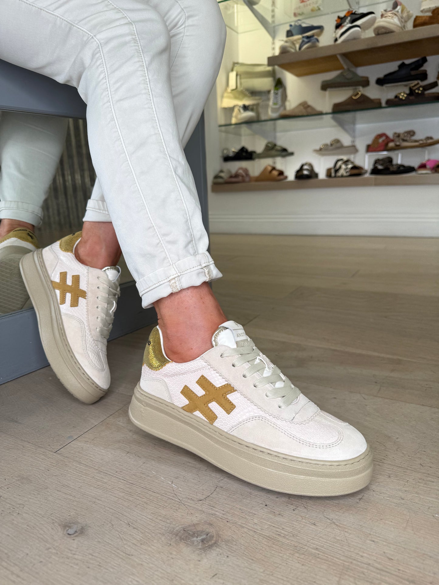 Another Trend - Beige Suede/ Snake Print Flatform Chunky Trainer With Yellow/Gold Trim