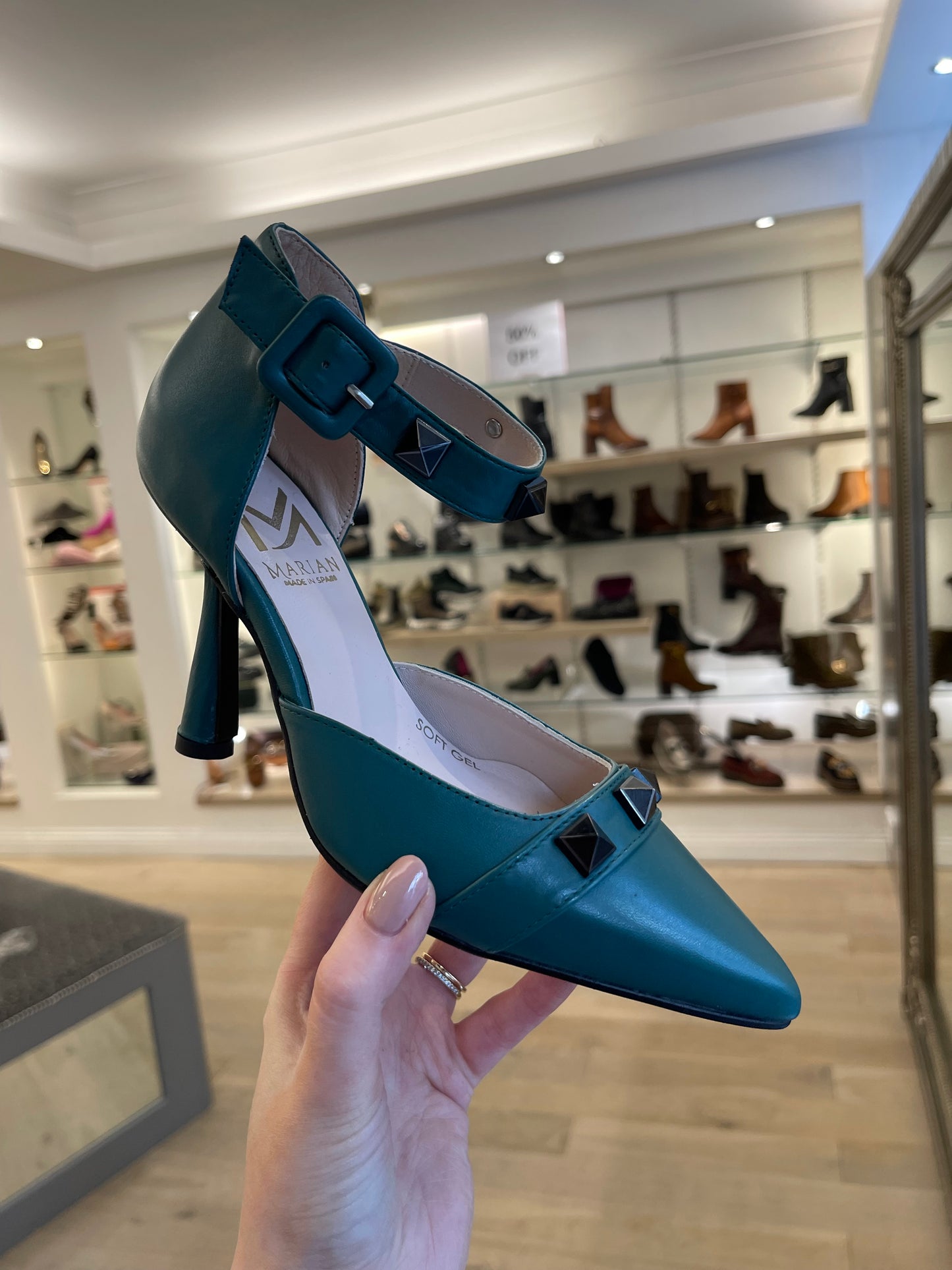 Marian - Teal Pointy Toe Shoe With Stud Detail And Ankle Strap