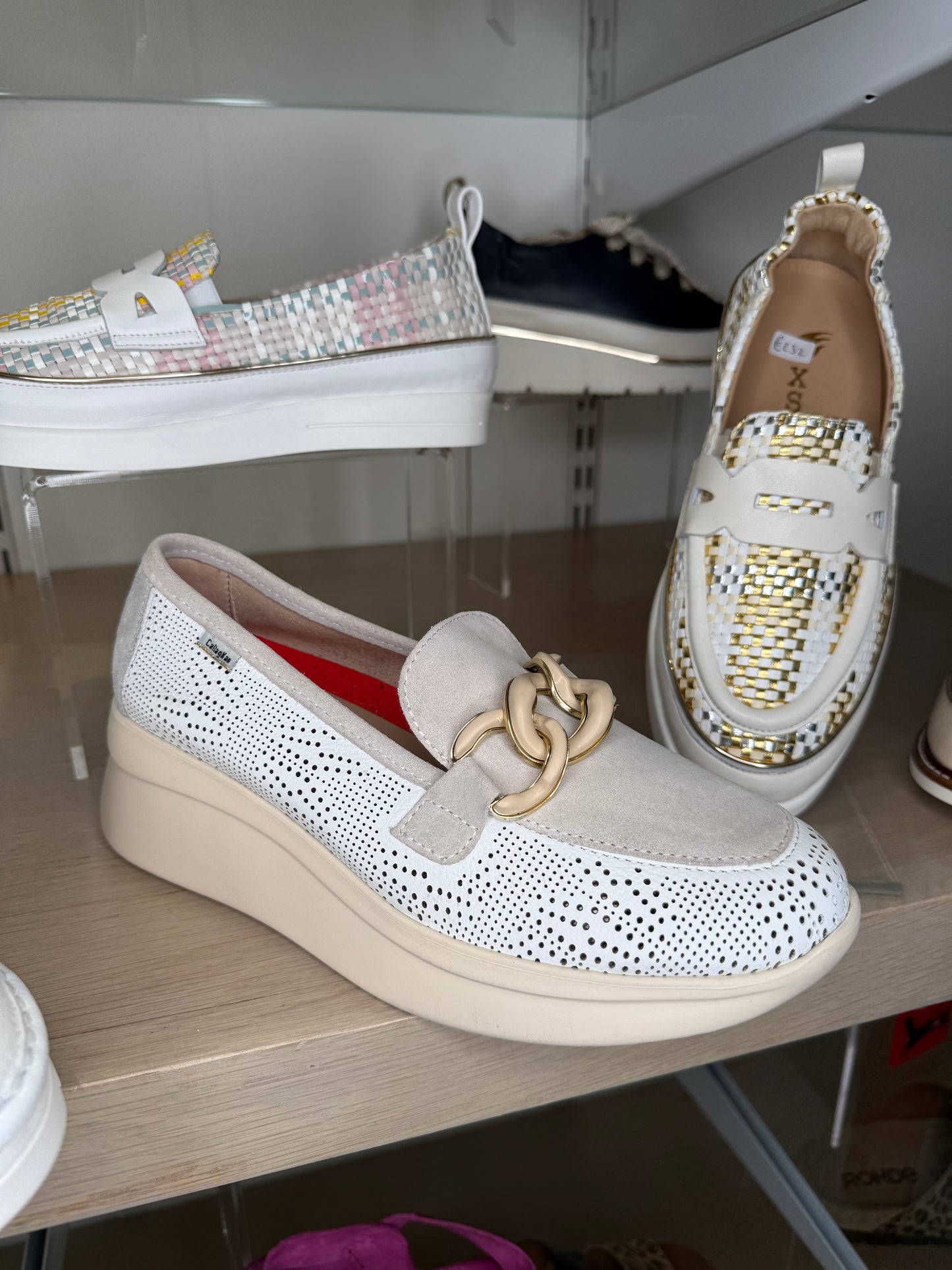 Callaghan -White Leather & Taupe Suede Slip On Wedge Shoe
