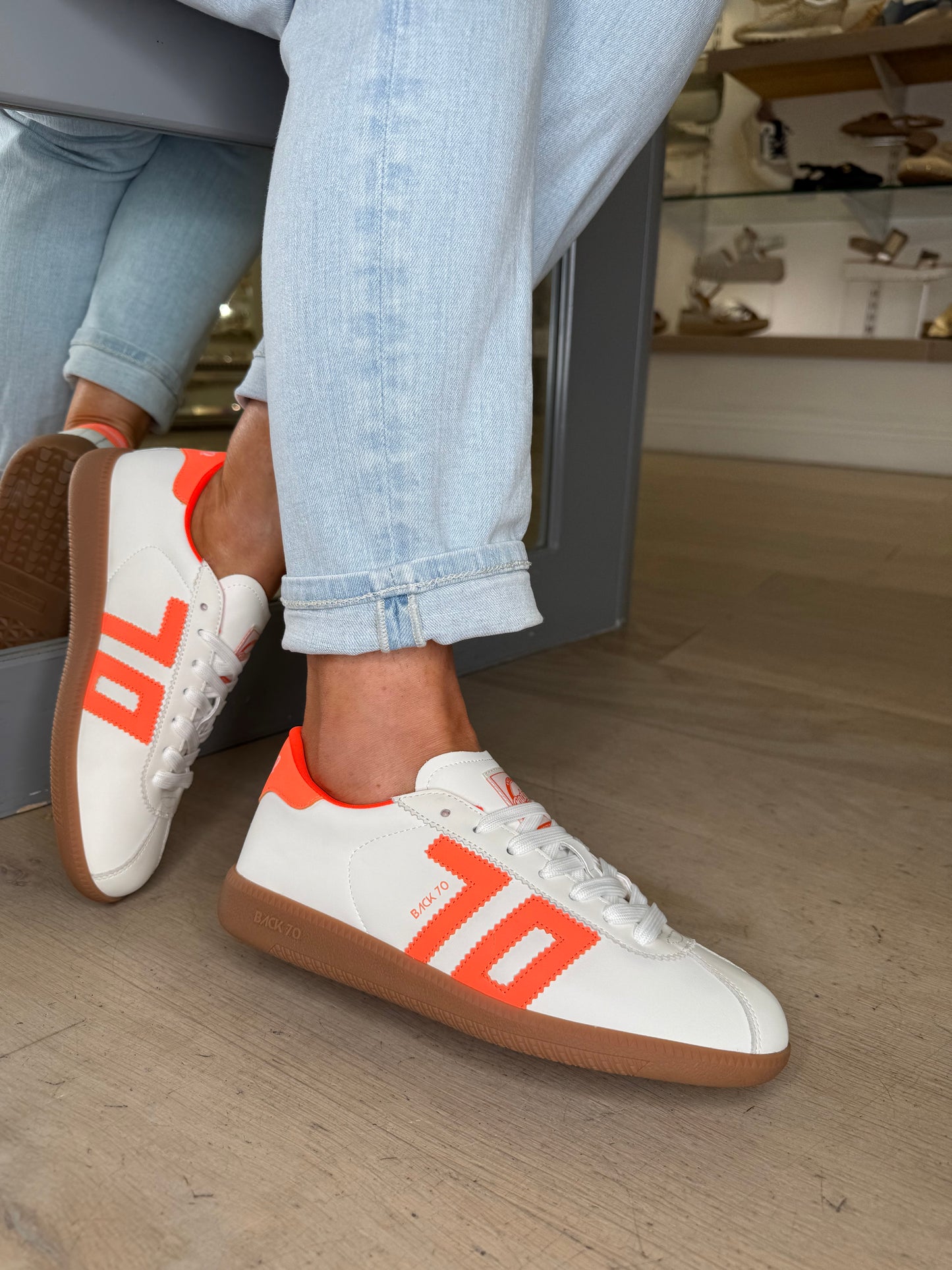 Back 70 -White Leather Trainer With Fluorescent Orange Trim