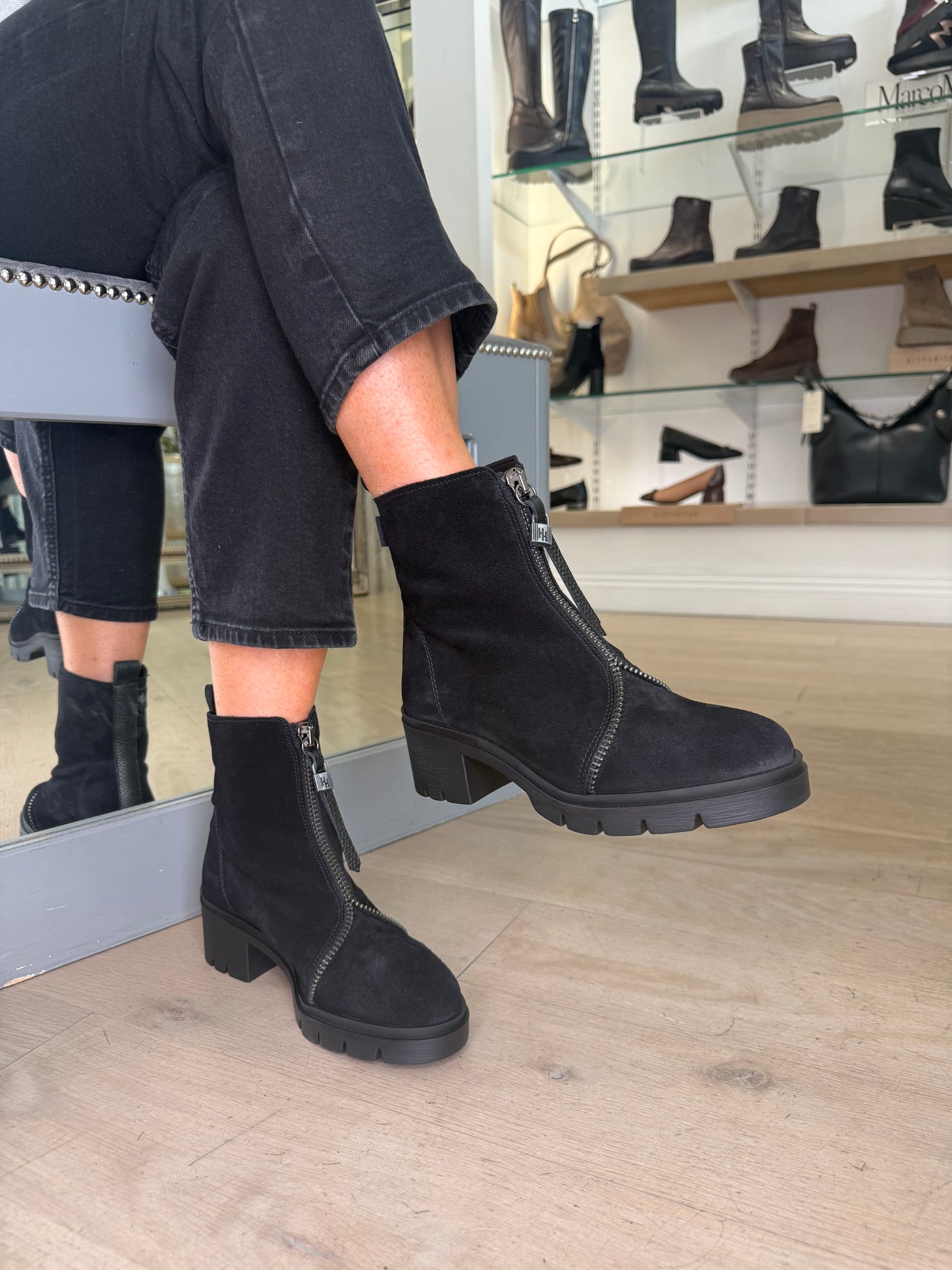 Hispanitas - Black Distressed Suede Chunky Sole Boot With Zip Detail Trim