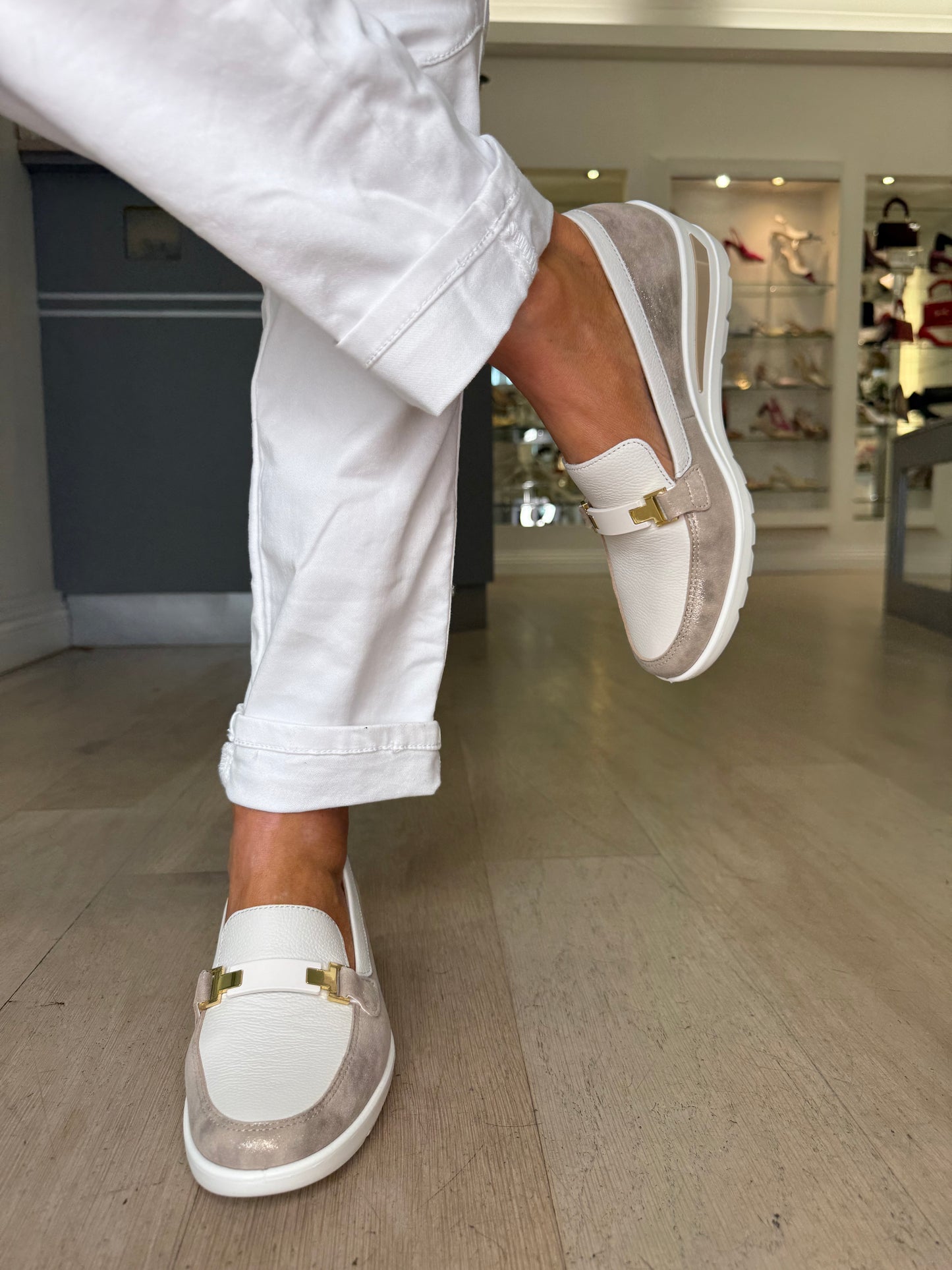 Ara - Cream Slip On Wedge Shoe With Gold Shimmer Trim