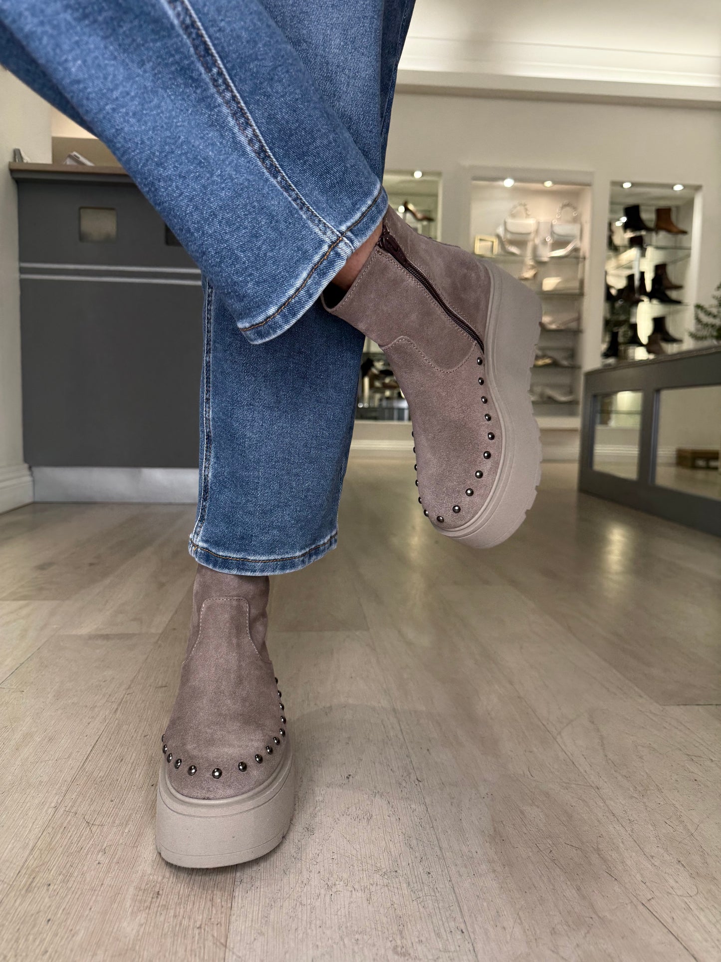 Marco Moreo -Mink Suede Chunky Sole Boot With Stud Trim Detail