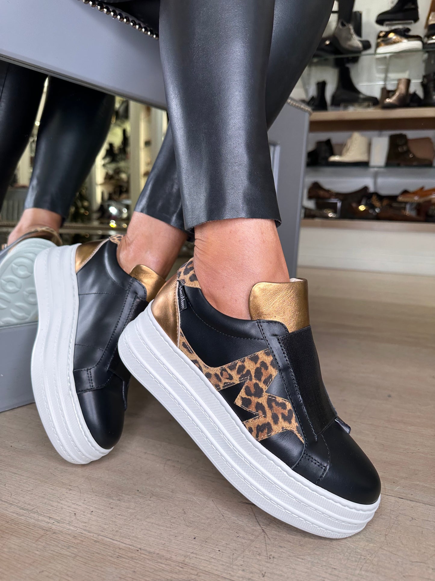 Marco Moreo - Aretha Black Calf Leather Chunky Trainer With Antique Bronze & Leopard Print Trim