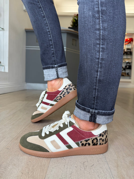 Back 70 - Squid Army Green Suede/ Leopard Print Mix Trainer
