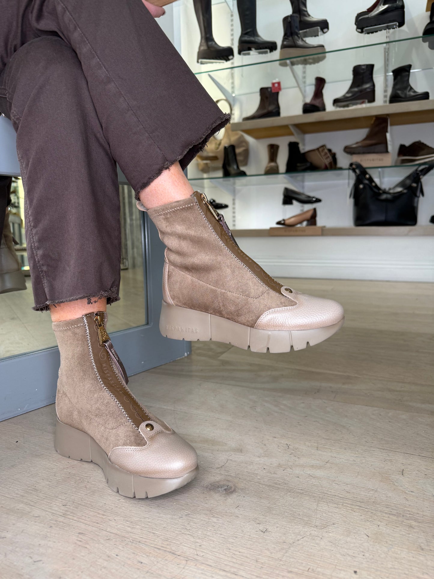 Hispanitas - Taupe Suede & Leather Zip Up Sporty Wedge Boot