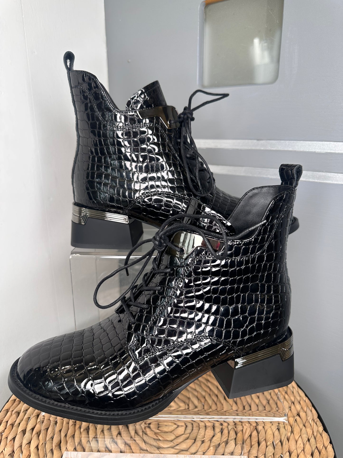 Loretta Vitale - Black Mock Croc Flexy Patent Leather Boot