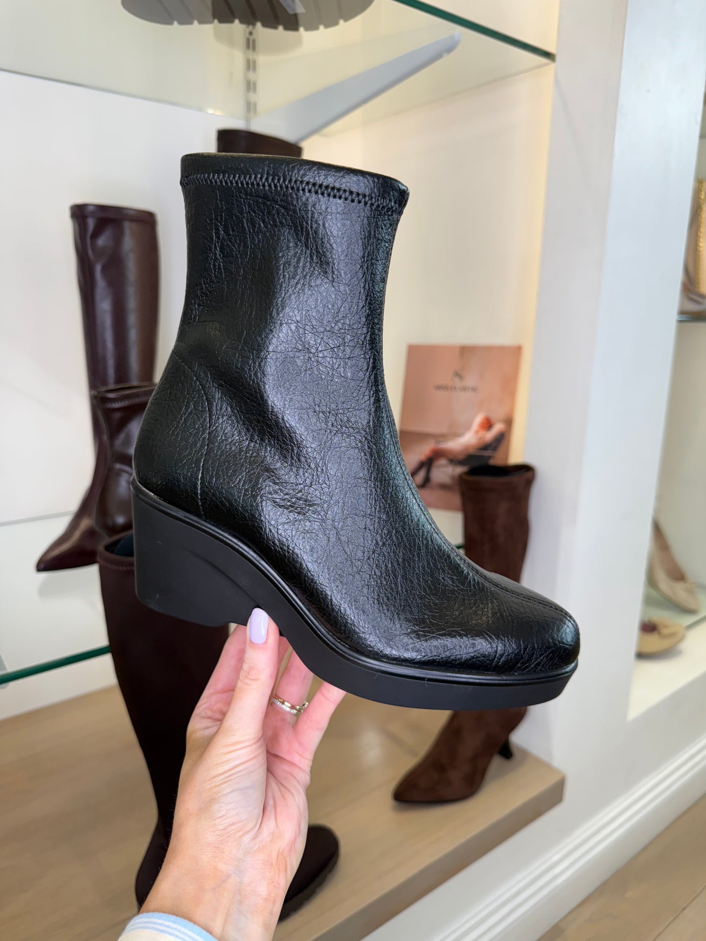 Miss Elastic - Black Leather Stretch Sock Wedge Boot
