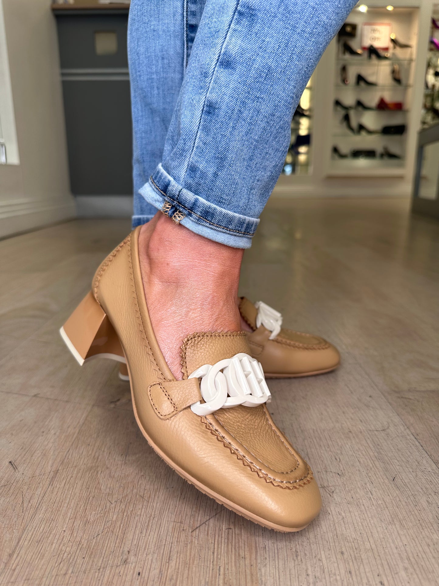 Hispanitas - Desert Beige Loafer Style Shoe With Cream Trim & Block Heel