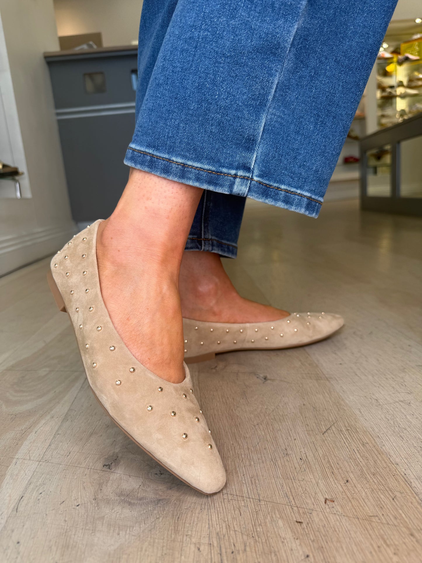 Alpe - Soft Camel Suede Pump With Gold Stud Trim