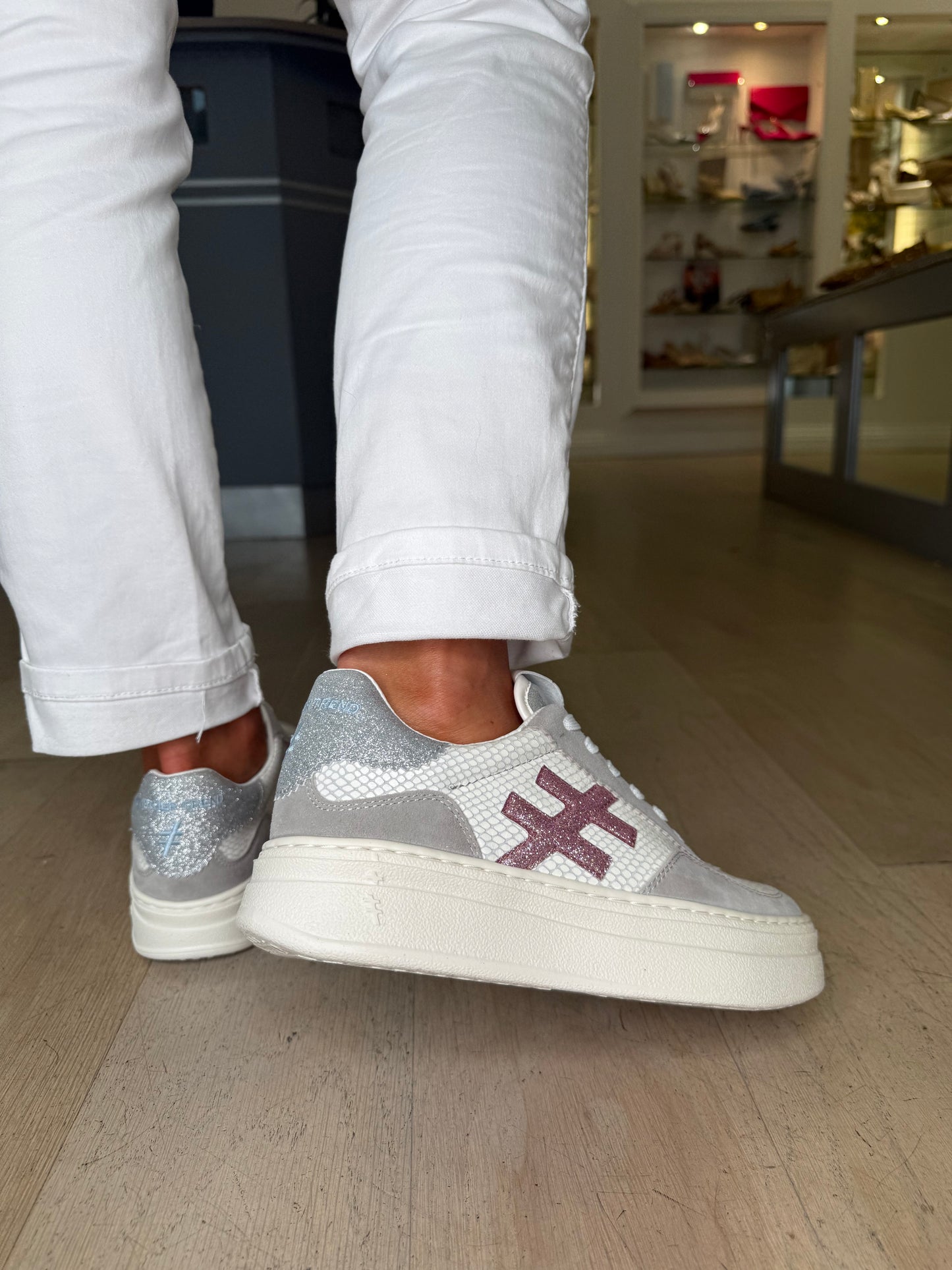 Another Trend - Grey Suede/ Snake Print Flatform Chunky Trainer With Sparkle Pink & Silver Trim