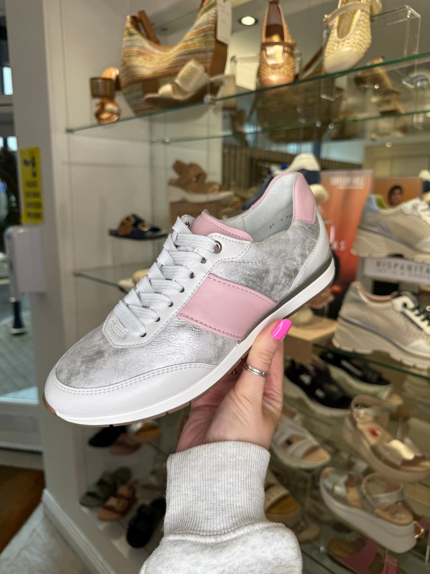 Ara - White Nappa Leather Trainer With Silver Shimmer & Baby Pink Trim