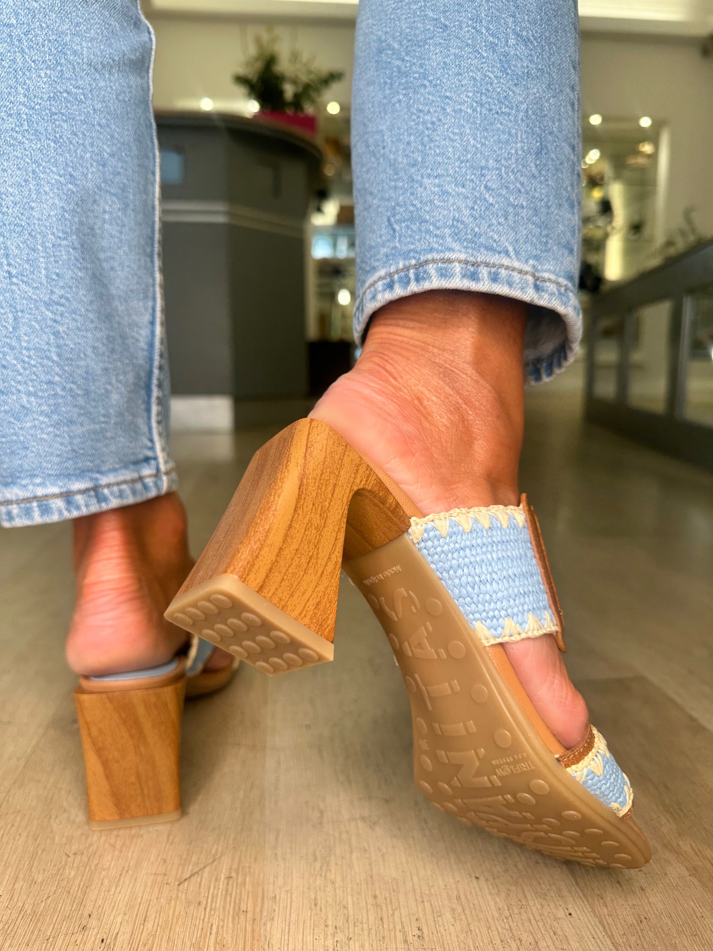 Hispanitas - Sky Blue/Tan Raffia  2 Strap Mule