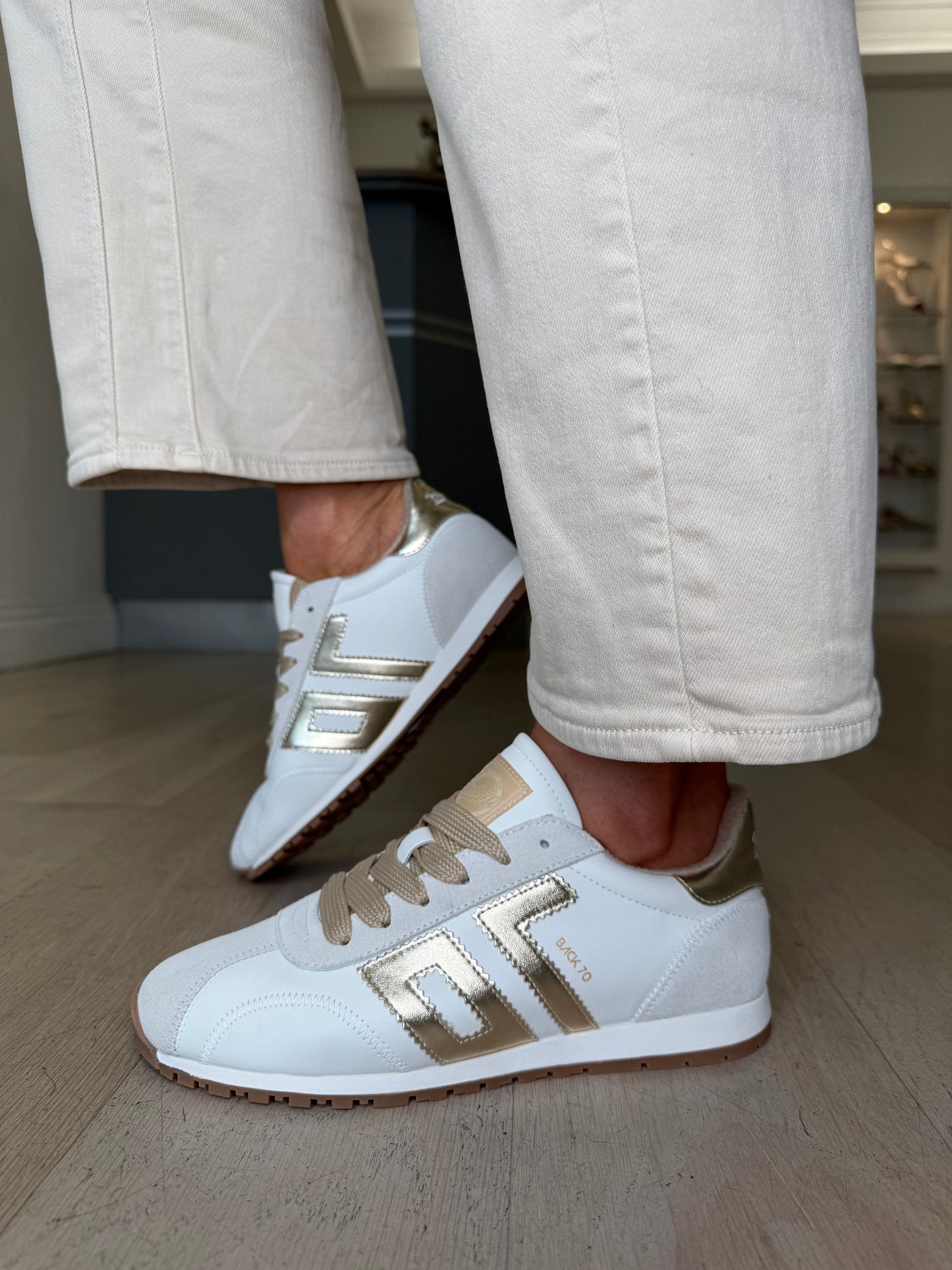 Back 70 -White Leather Trainer With Soft  Suede & Metallic Gold Trim