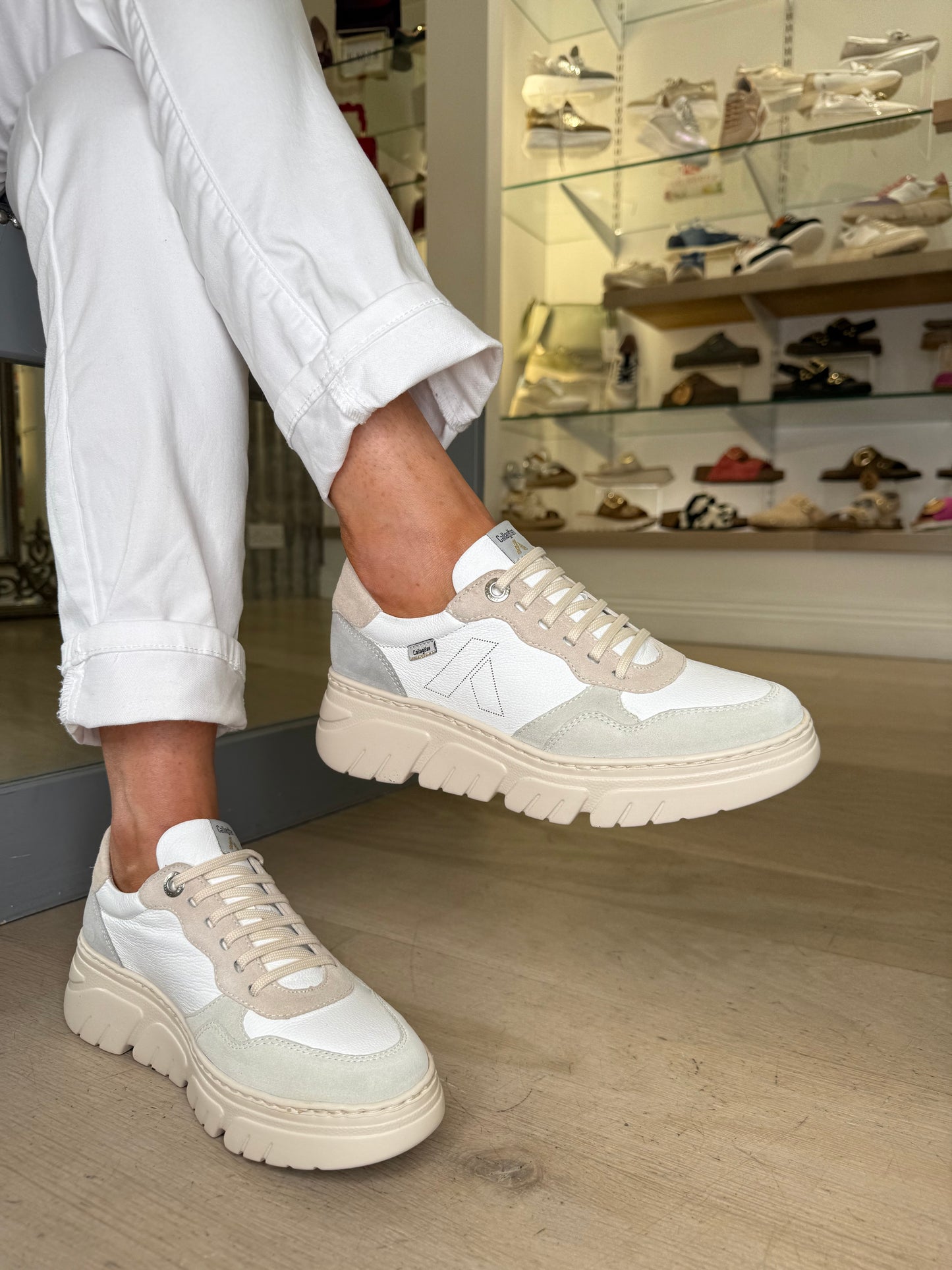 Callaghan - Beige & Pale Green/Grey Suede With White Leather Mix Trainer