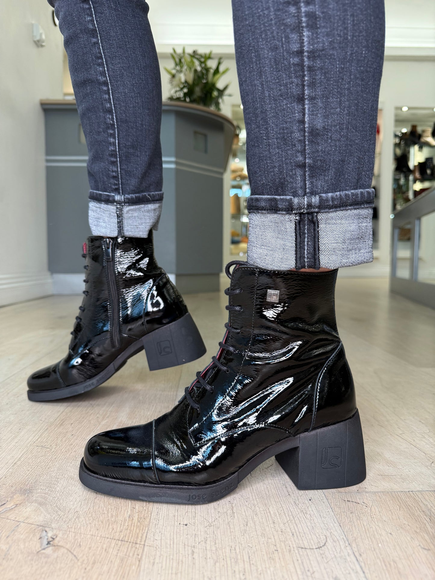 Jose Saenz - Black Flexy Patent Leather Lace Up Boot With Block Heel & Side Zip