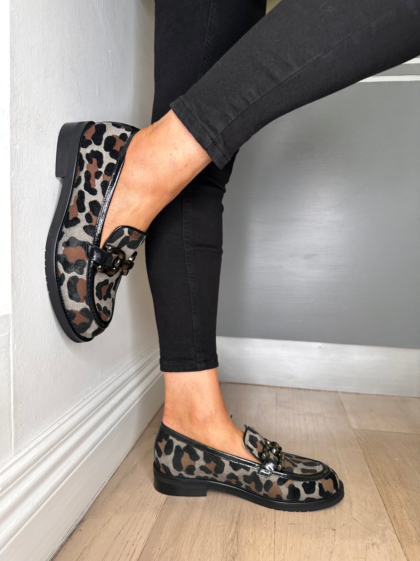 Marian - Grey/Black Leopard Print Loafer With Pewter Chain Trim