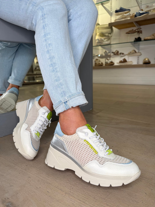 Hispanitas - White Leather Trainer With Lime, Silver & Blue Mix Trim