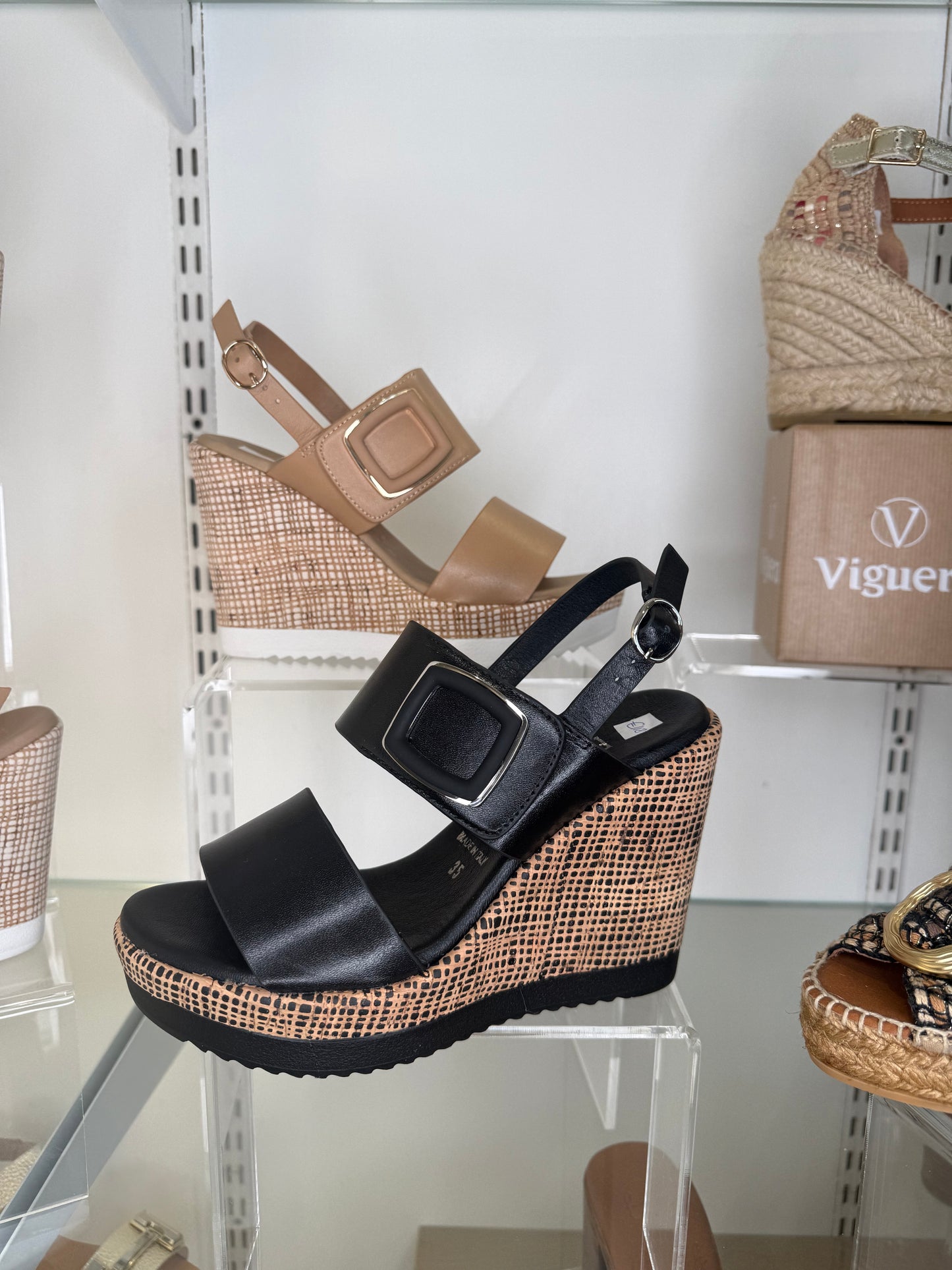 Repo - Black Leather 2 Strap High Wedge Sandal With Velcro Strap & Platform Sole