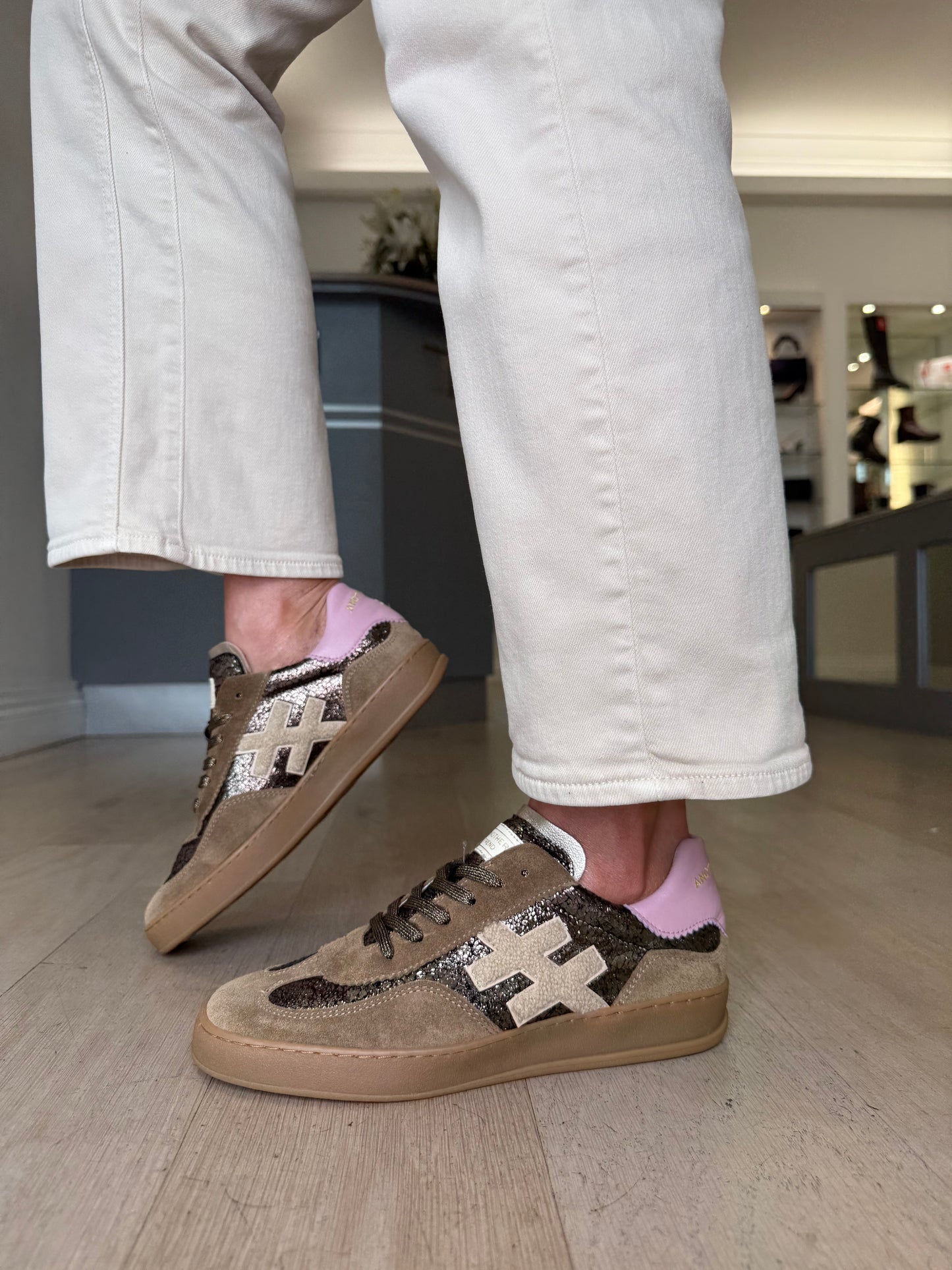 Another Trend -Soft Mocha Suede Trainer With Bronze Inset & Pink Trim