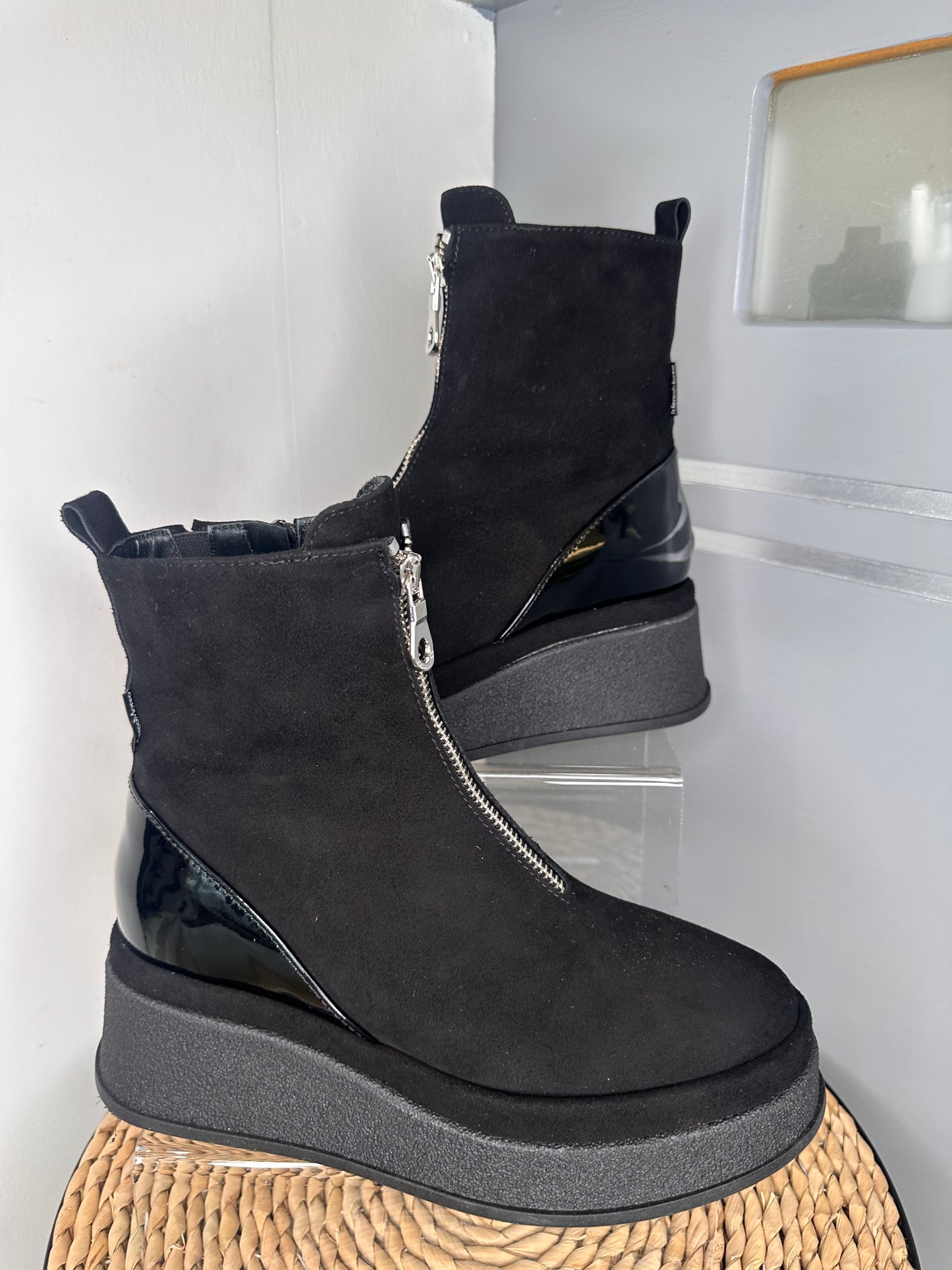 Marco Moreo - Patsy Black Suede Wedge Boot With Silver Zip & Patent Trim Detail