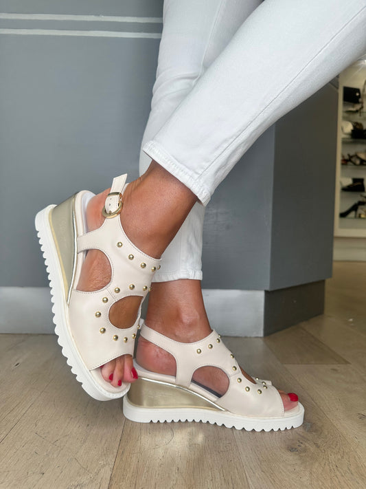 Marco Moreo - Cream Nappa Leather Wedge Sandal With Gold Stud Trim