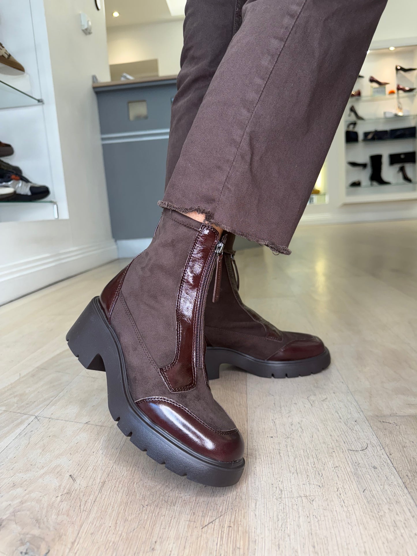 Unisa -Brown Patent & Stretch Suede Mix Zip Up Boot