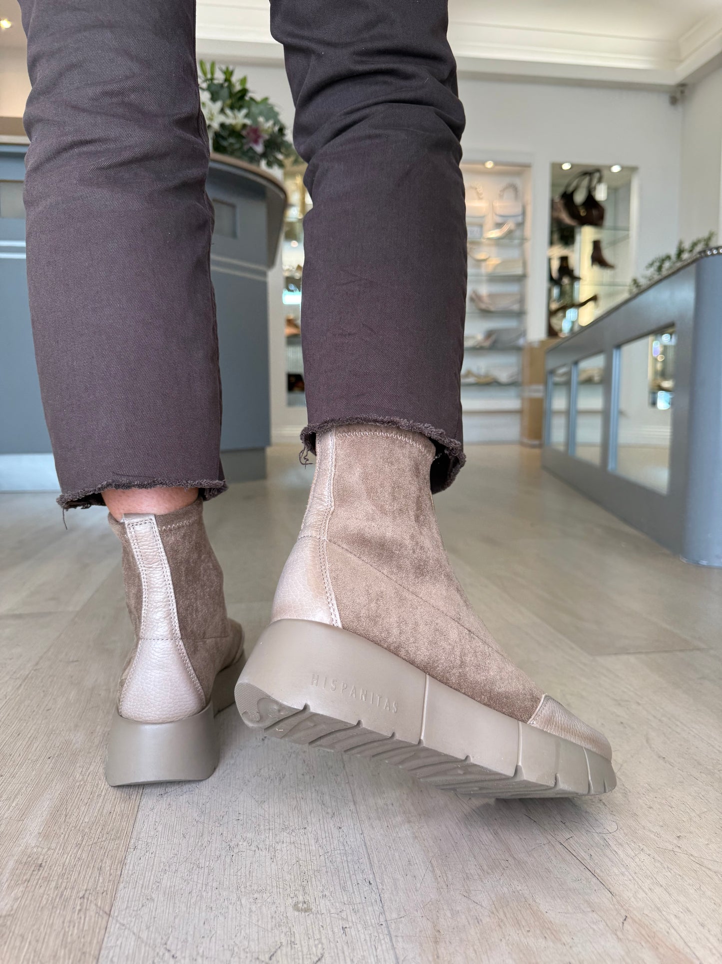 Hispanitas - Taupe Suede & Leather Zip Up Sporty Wedge Boot